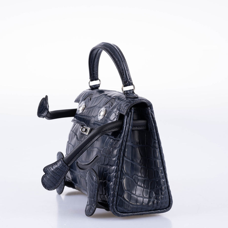 Hermès Kelly Doll Quelle Idole Bleu Nuit Matte Alligator / Black Swift Palladium Hardware