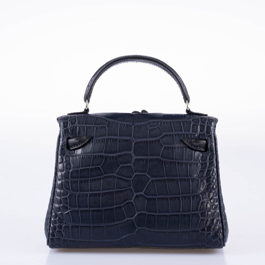 Hermès Kelly Doll Quelle Idole Bleu Nuit Matte Alligator / Black Swift Palladium Hardware