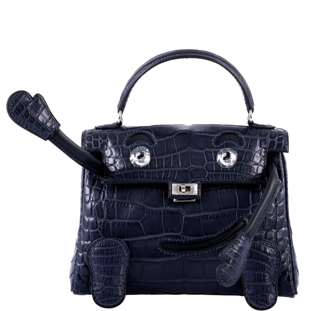 Hermès Kelly Doll Quelle Idole Bleu Nuit Matte Alligator / Black Swift Palladium Hardware