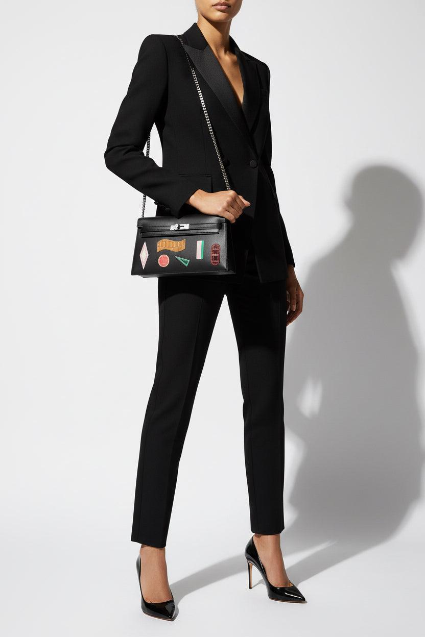 Hermès Kelly Élan Broderie Collage Noir Swift, Shiny Niloticus