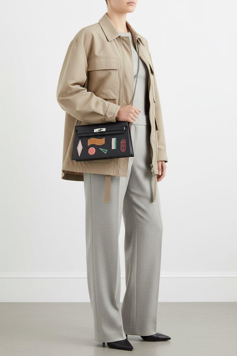 Hermès Kelly Élan Broderie Collage Noir Swift, Shiny Niloticus Crocodile and Alligator Palladium Hardware