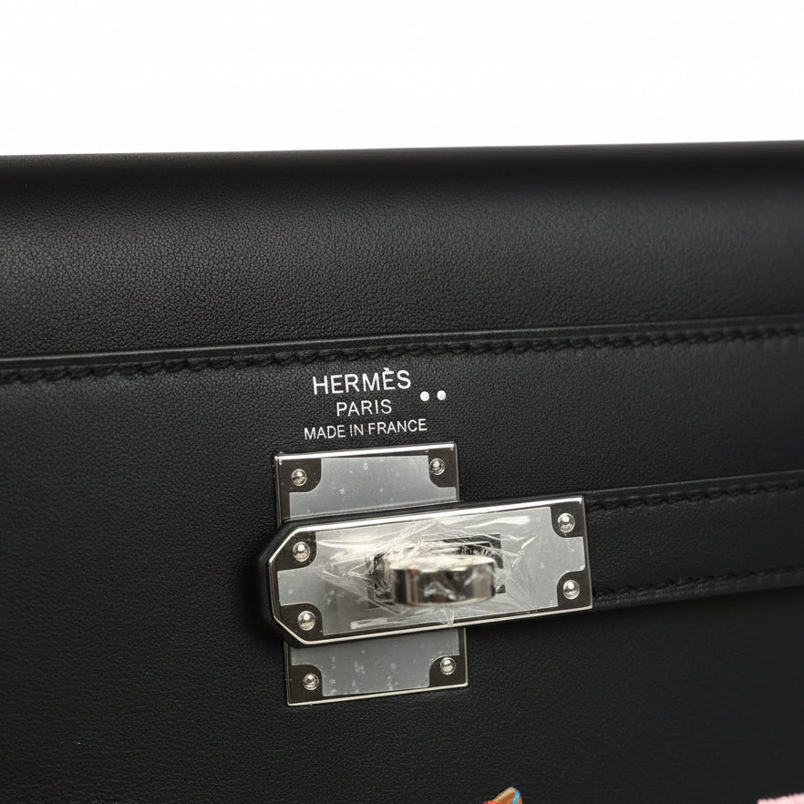 Hermès Kelly Élan Broderie Collage Noir Swift, Shiny Niloticus