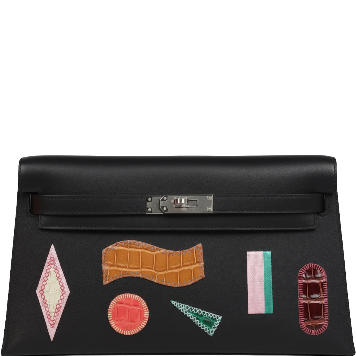 Hermès Kelly Élan Broderie Collage Noir Swift, Shiny Niloticus Crocodile and Alligator Palladium Hardware