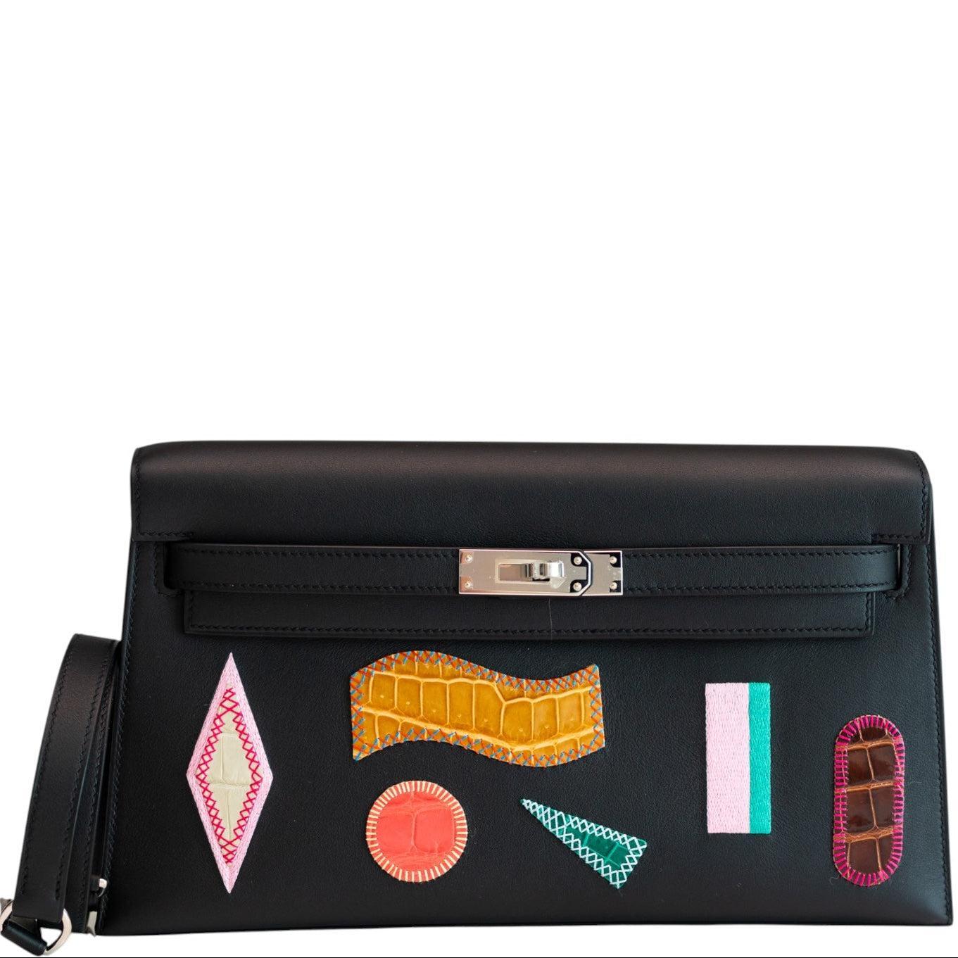Hermès Kelly Élan Broderie Collage Noir Swift, Shiny Niloticus