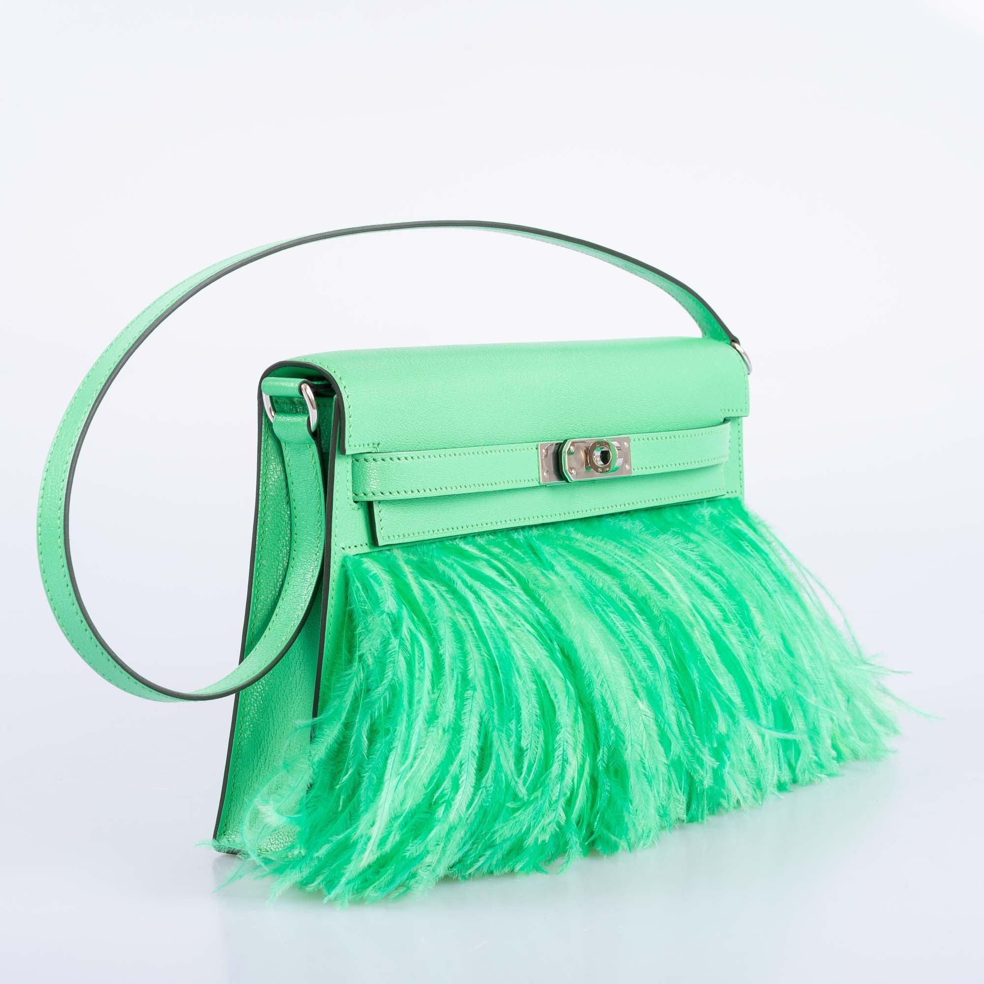 Hermès Kelly Elan Foile Vert Comics Chevre and Ostrich Feather Palladium Hardware