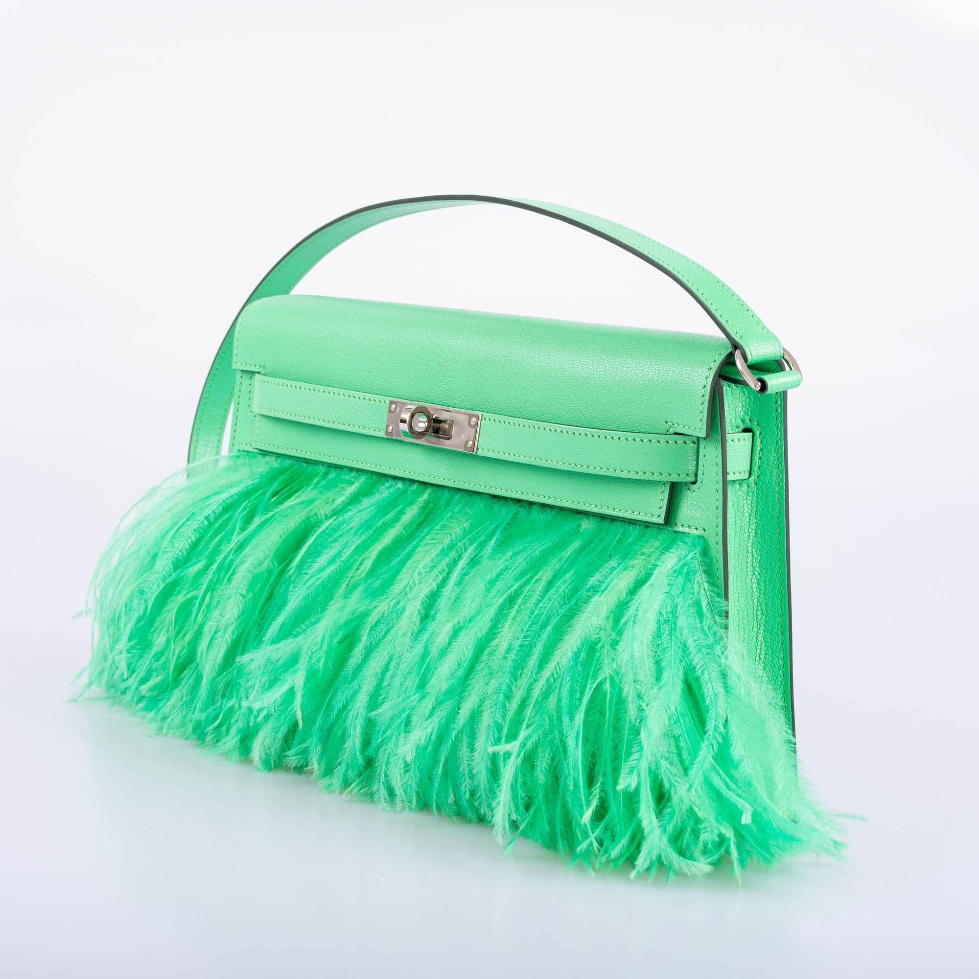 Hermès Kelly Elan Foile Vert Comics Chevre and Ostrich Feather Palladium Hardware