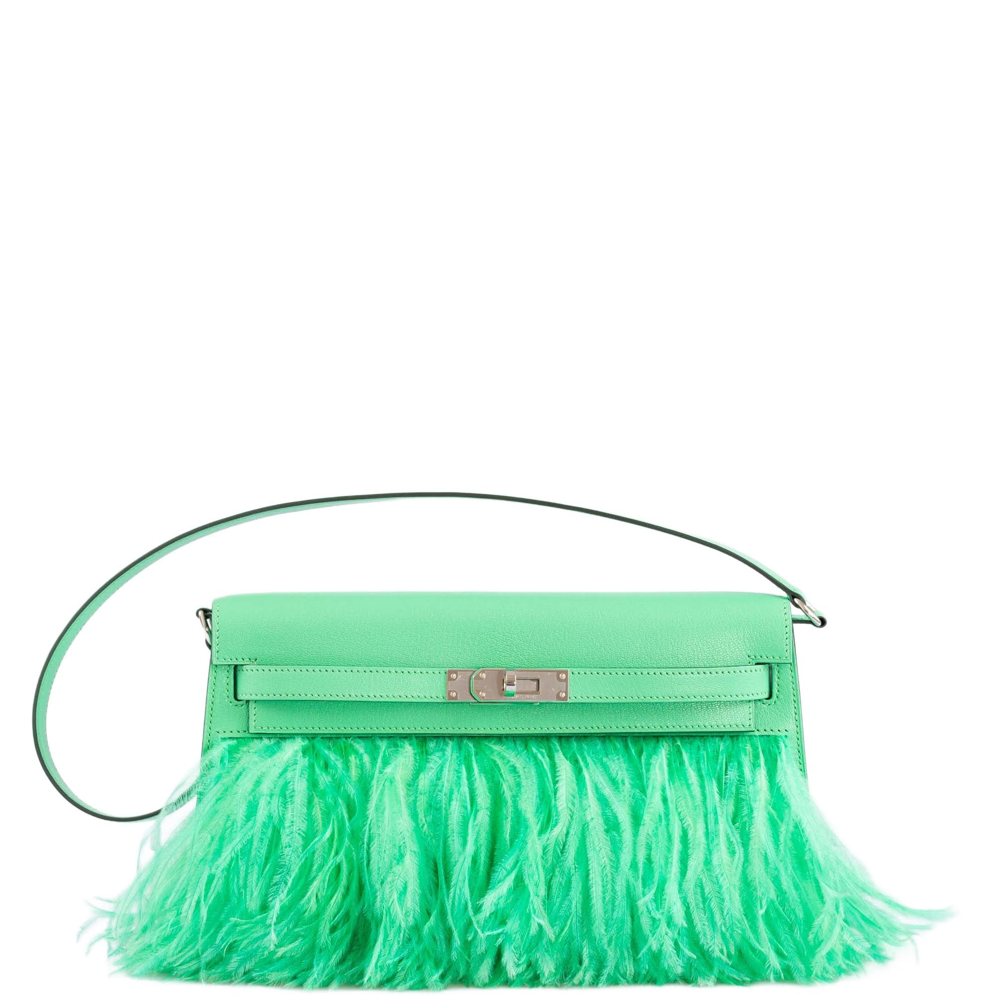 Hermès Kelly Elan Foile Vert Comics Chevre and Ostrich Feather Palladium Hardware