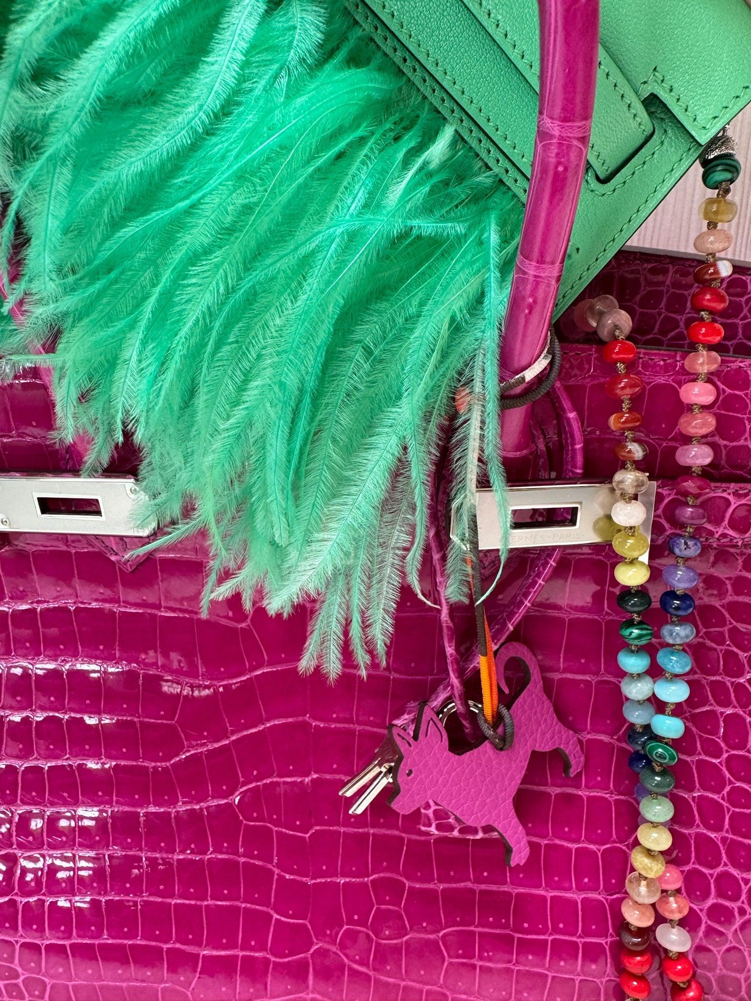 Hermès Kelly Élan Folie Vert Comics Chèvre Chamkila and Ostrich Feather Palladium Hardware