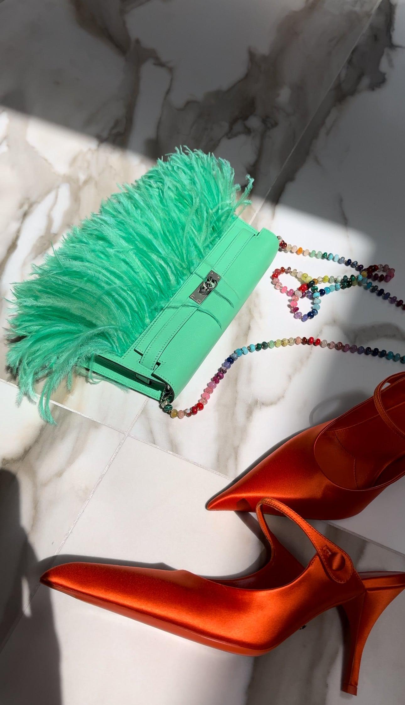 Hermès Kelly Élan Folie Vert Comics Chèvre Chamkila and Ostrich Feather Palladium Hardware