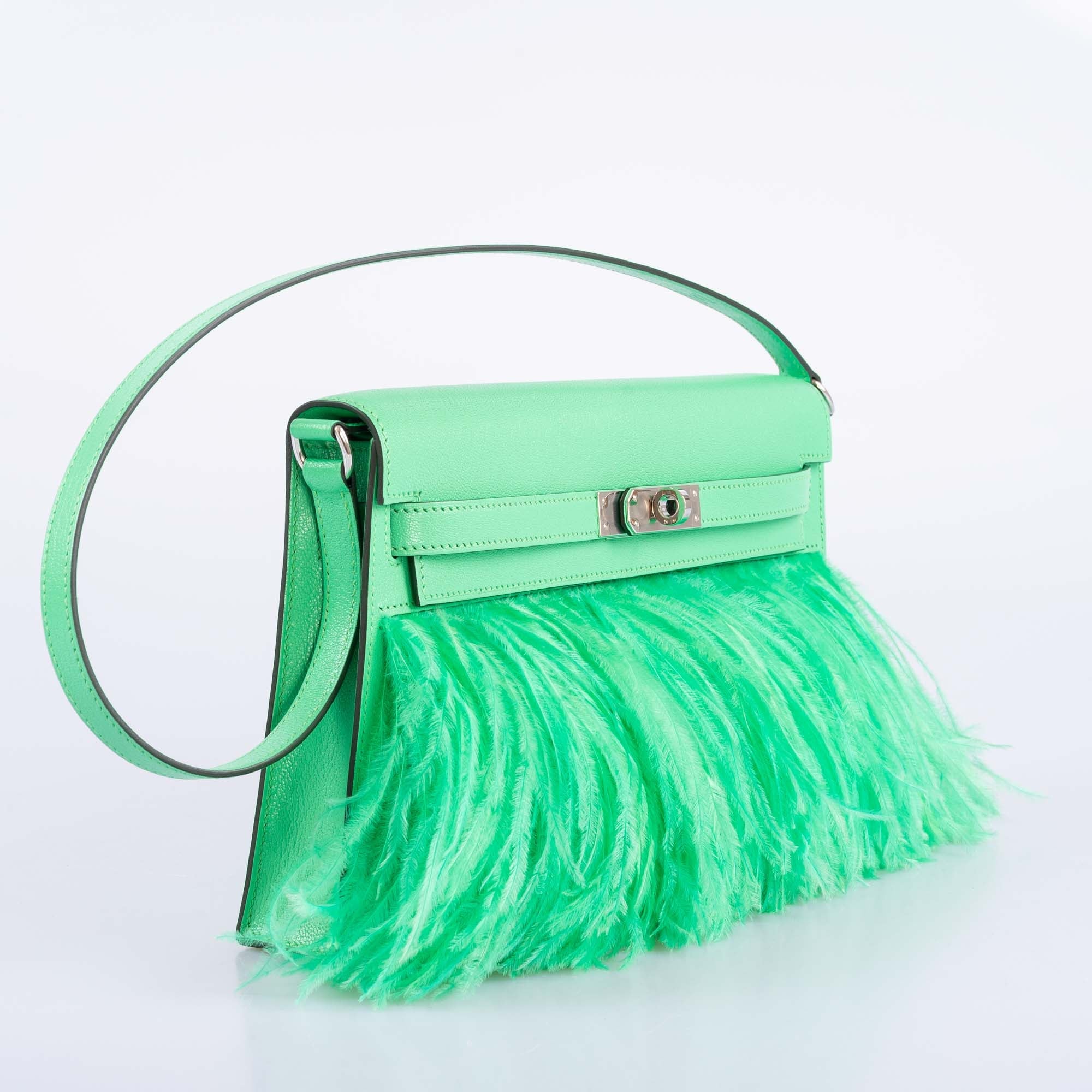 Hermès Kelly Élan "Plumes" Vert Comics Chèvre Chamkila &amp; Ostrich Feather Palladium Hardware