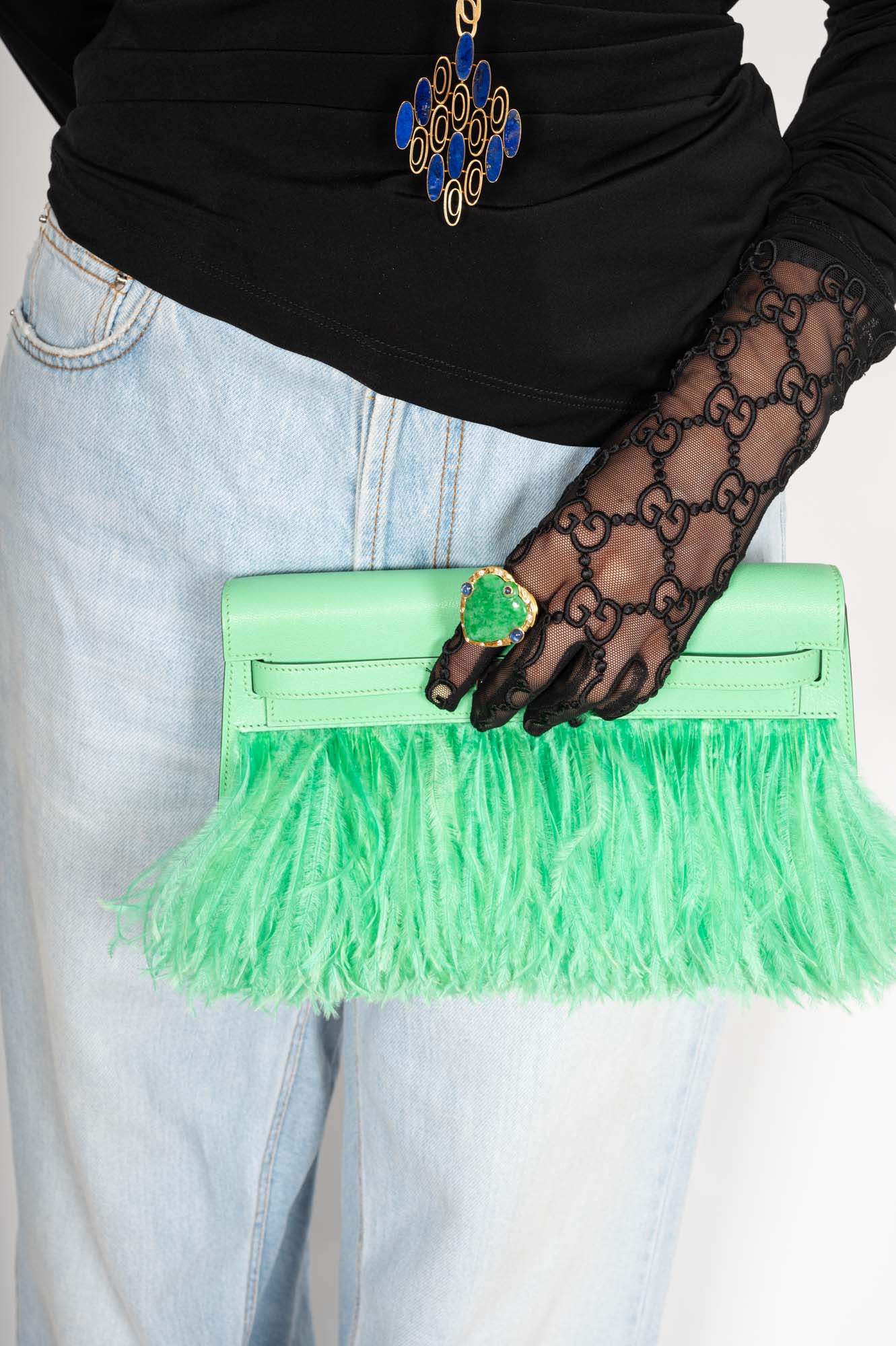 Hermès Kelly Élan "Plumes" Vert Comics Chèvre Chamkila &amp; Ostrich Feather Palladium Hardware