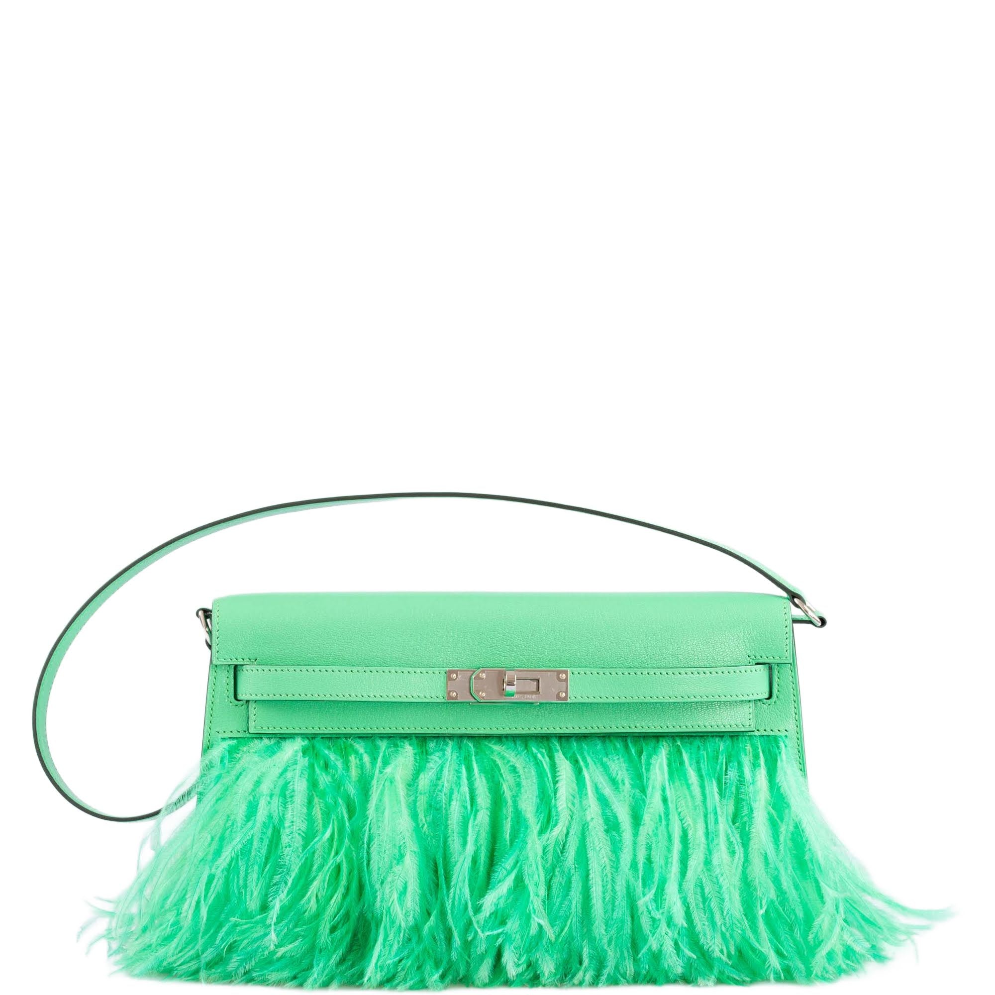 Hermès Kelly Élan "Plumes" Vert Comics Chèvre Chamkila &amp; Ostrich Feather Palladium Hardware