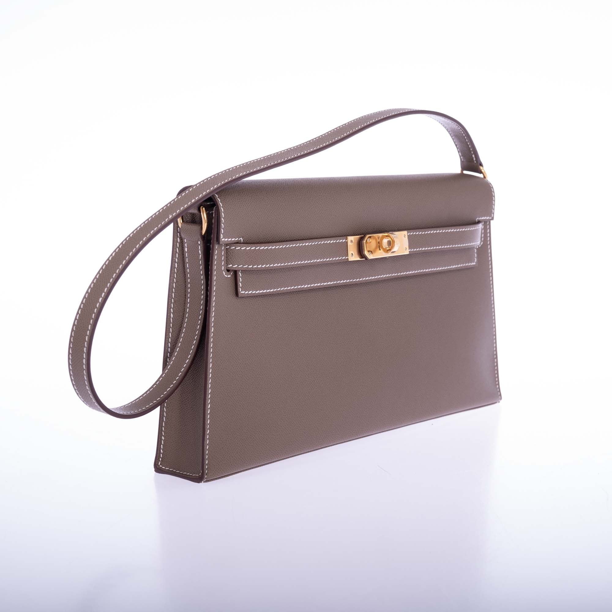 Hermès Kelly Elan Sellier Etoupe Veau Madame Leather with Gold Hardware