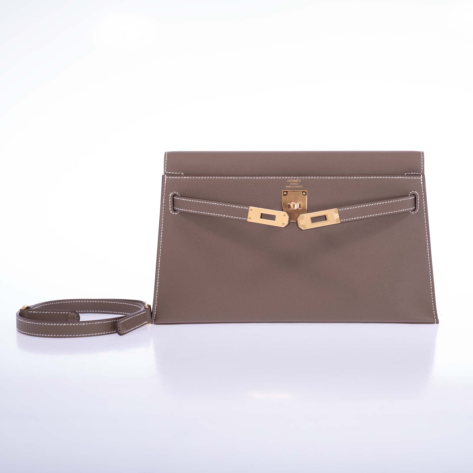 Hermès Kelly Elan Sellier Etoupe Veau Madame Leather with Gold Hardware