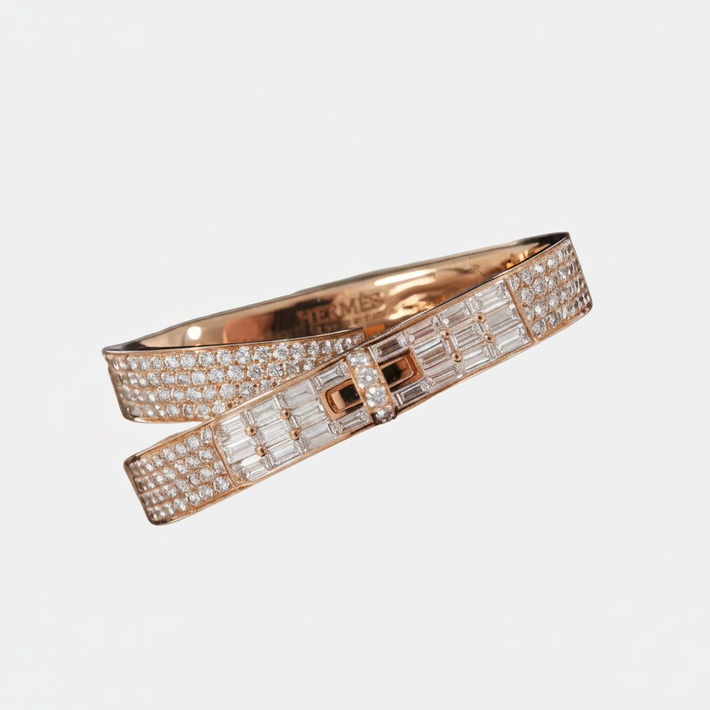 Hermès Kelly Gavroche Double Ring 18K Rose Gold Diamond Baguette & Pavé FR 52