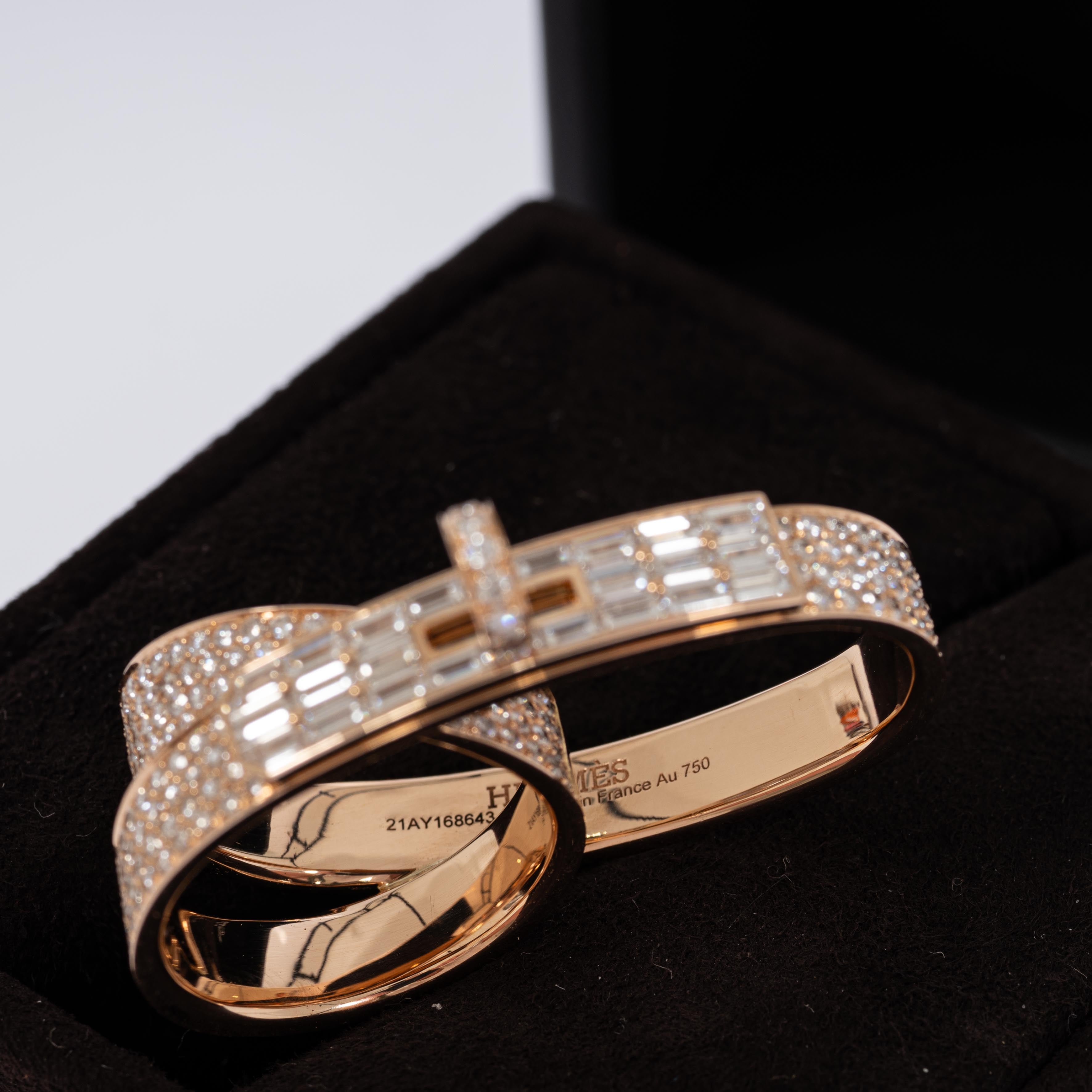 Hermès Kelly Gavroche Double Ring 18K Rose Gold Diamond Baguette & Pavé FR 52