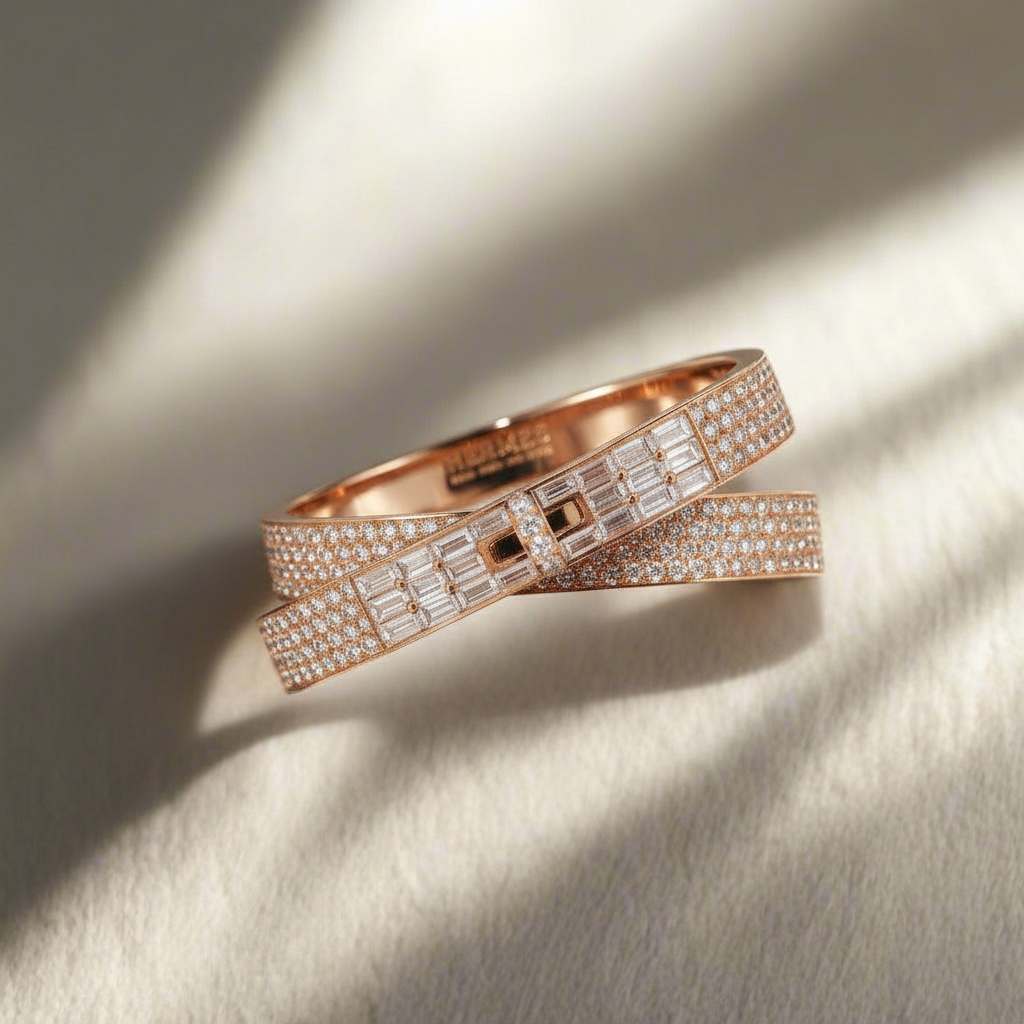 Hermès Kelly Gavroche Double Ring 18K Rose Gold Diamond Baguette & Pavé FR 52