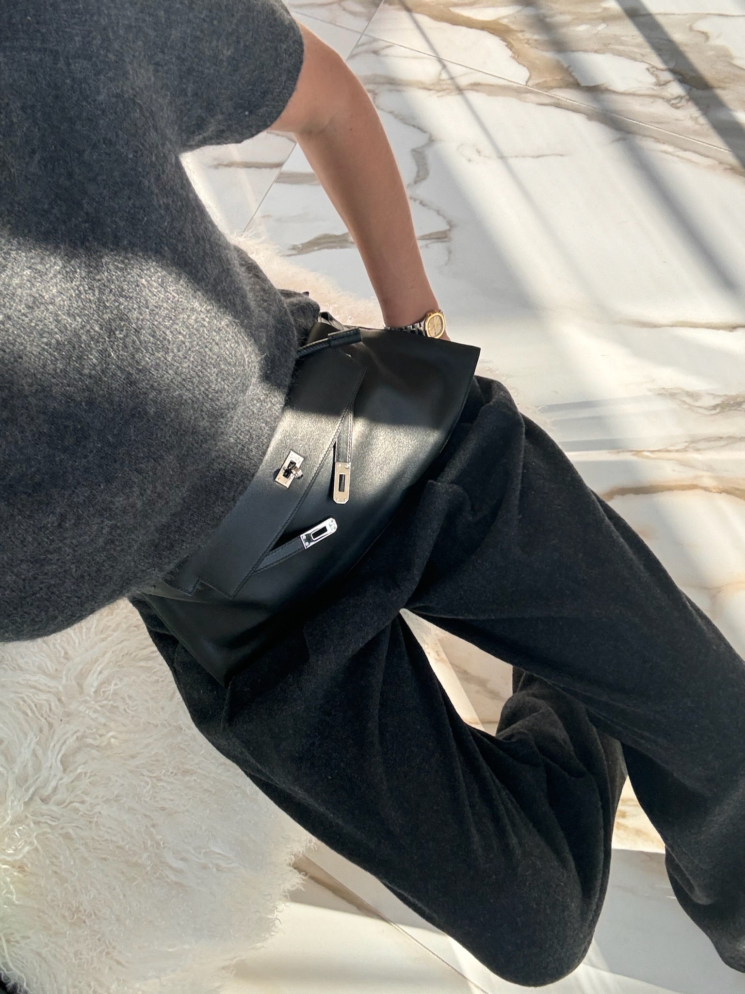 Hermès Kelly JPG Runway Belt Fanny Pack Black Swift Palladium Hardware