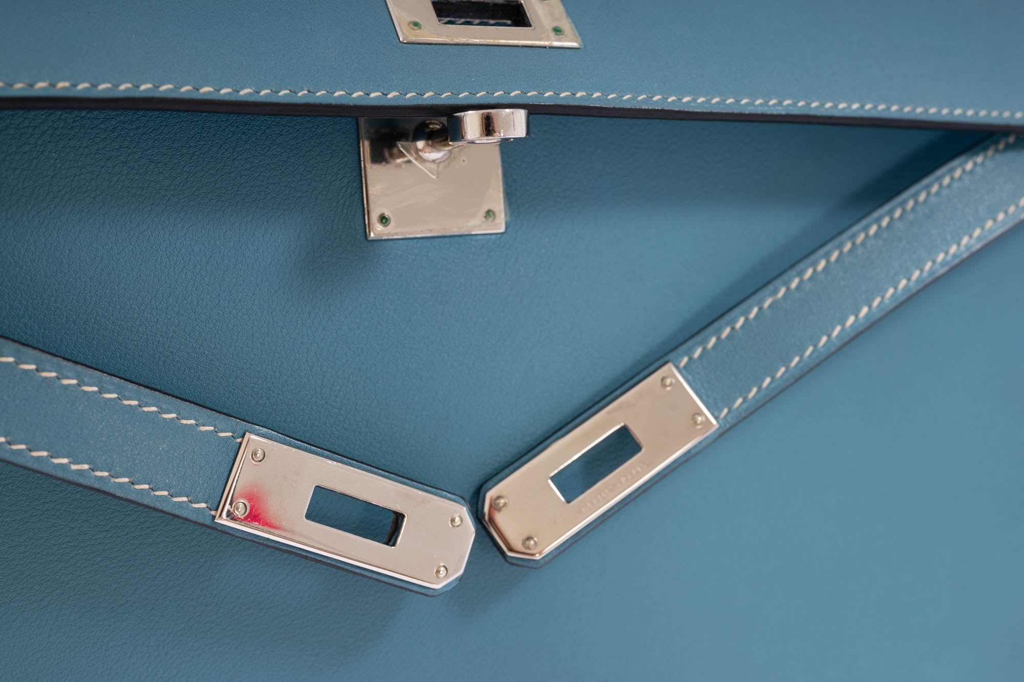 Hermès Kelly Longue Blue Jean Evergrain Palladium Hardware