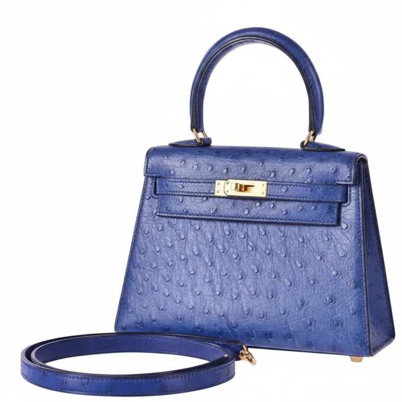 Hermès Kelly Mini 20 Blue Sapphire Ostrich Gold Hardware | JANEFINDS