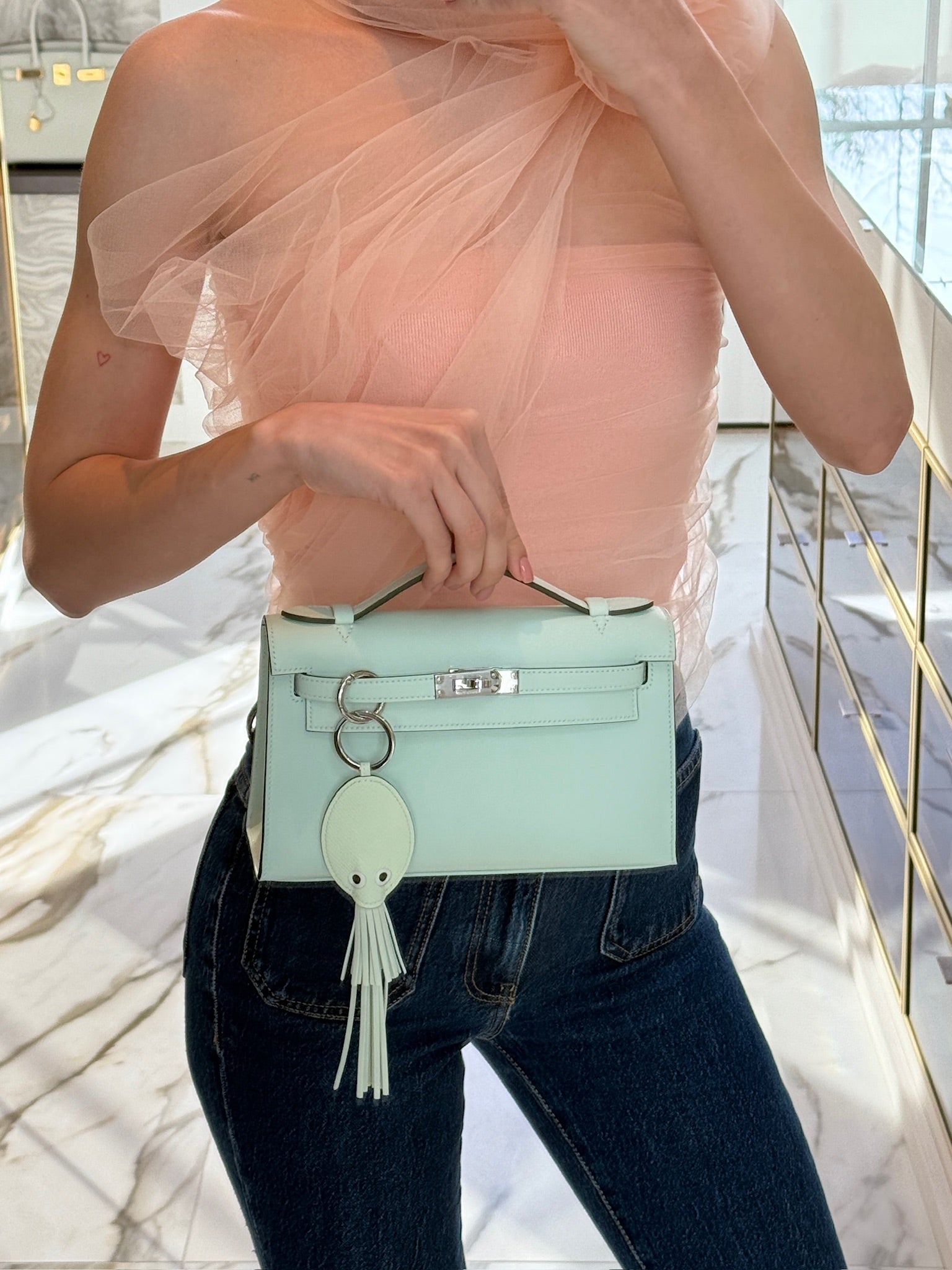 Hermès Kelly Mini Pochette Vert Peppermint Swift Palladium Hardware