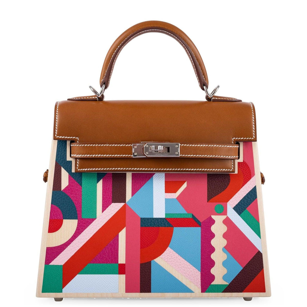 Hermès Kelly Picnic Kellywood Perspective Cavalière Wood Barenia Palladium Hardware, front view, closed