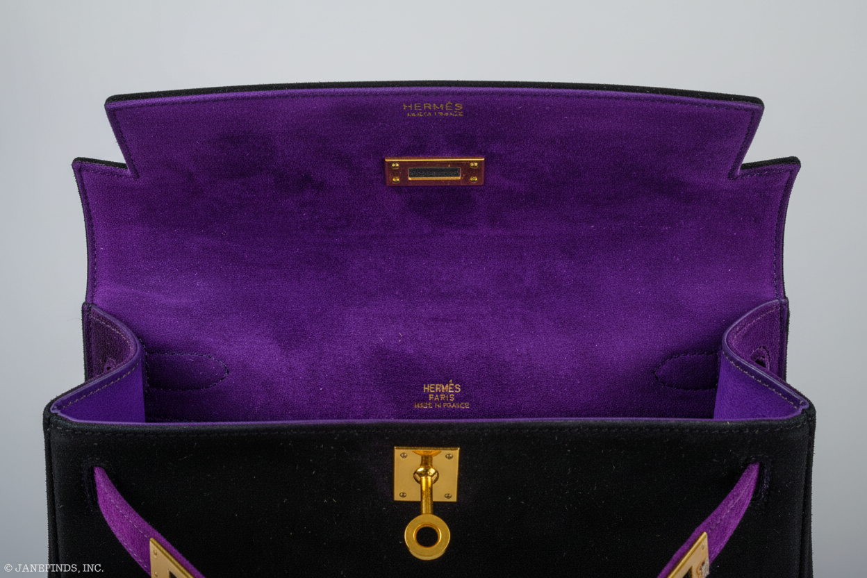 Hermès Kelly Pochette Bicolor Black Violet Veau Doblis Suede Gold Hardware