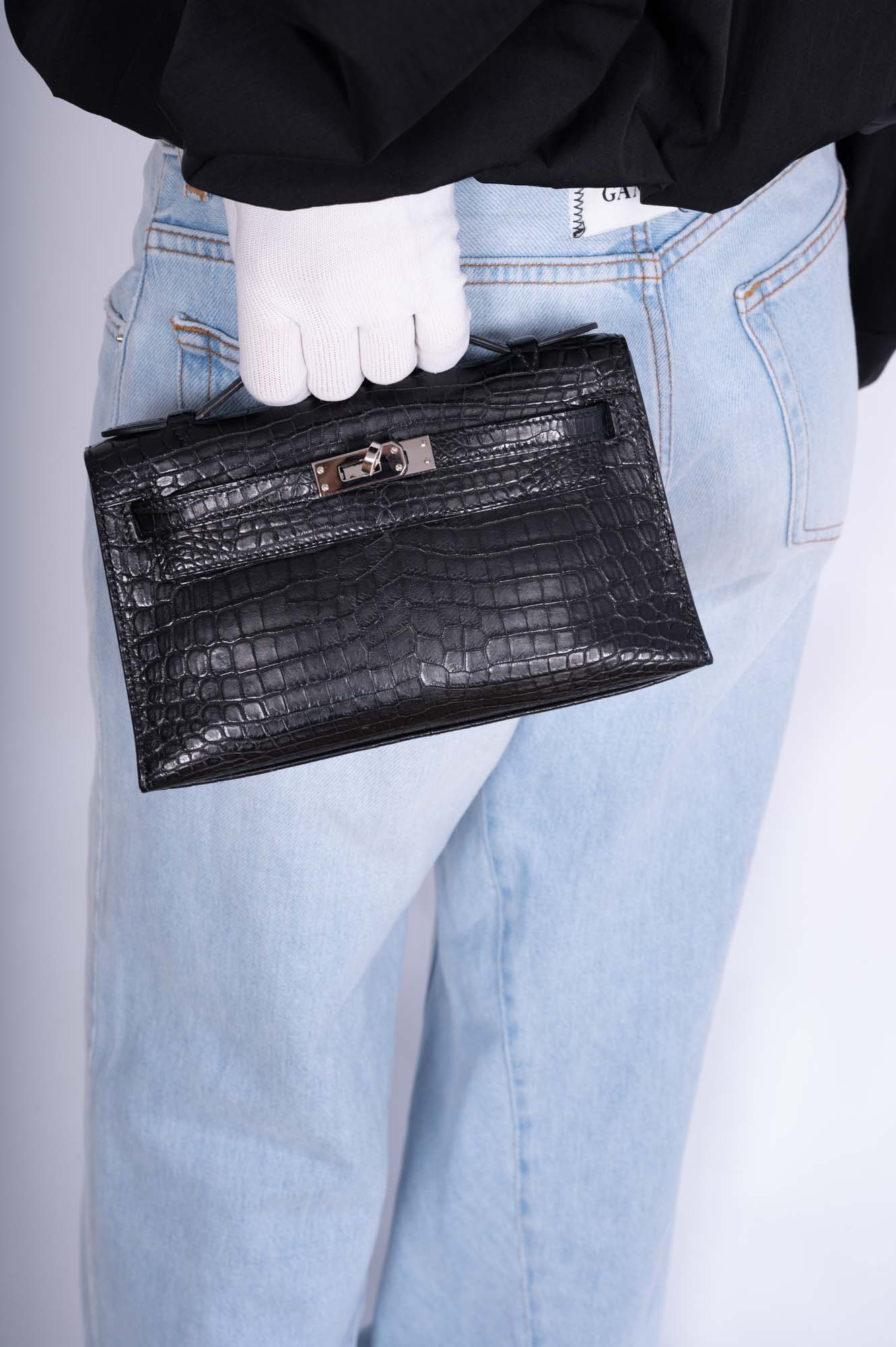 Hermès Kelly Pochette Black Matte Nilo Crocodile Palladium Hardware