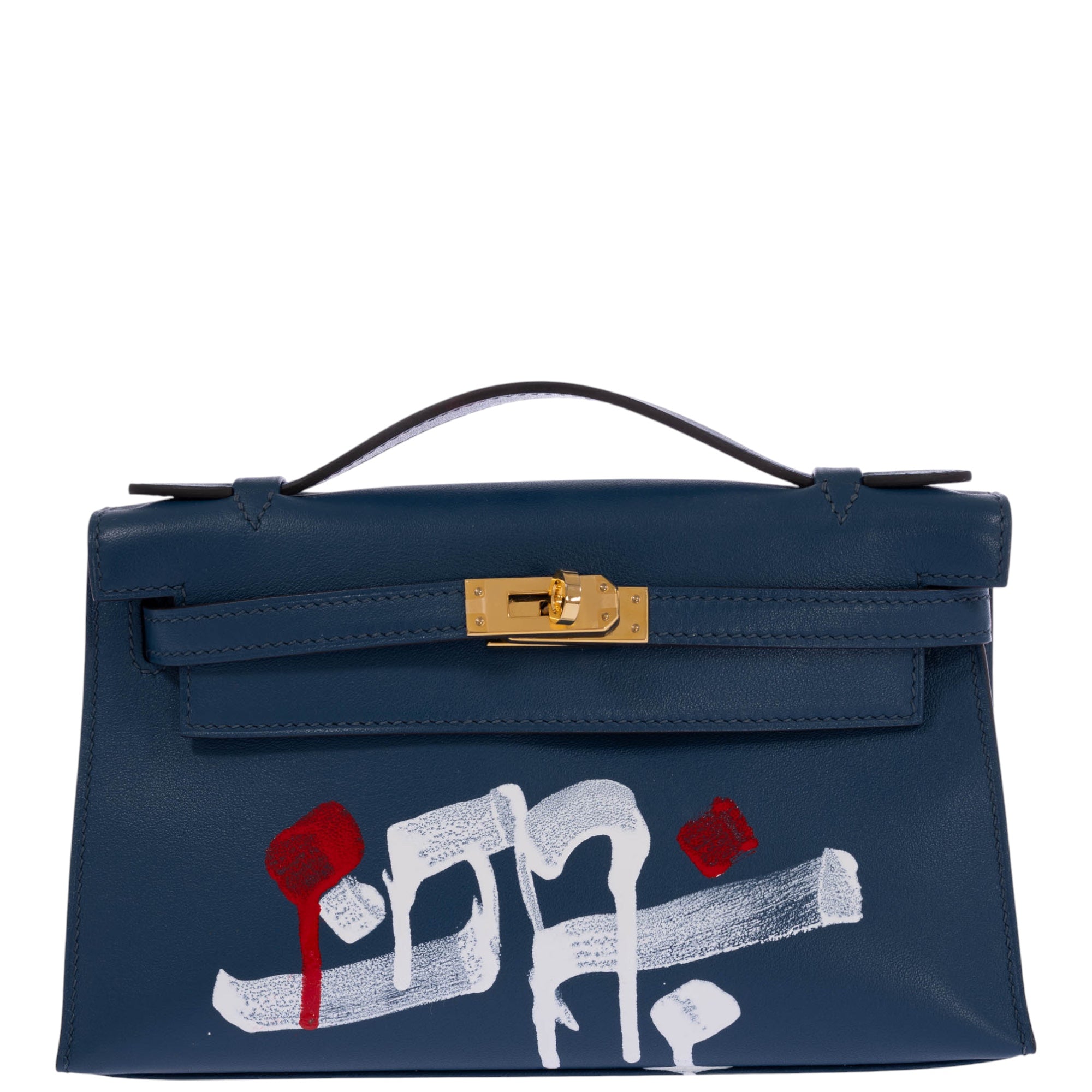 Hermès Kelly Pochette Bleu Nuit Swift Retna Artist Collaboration Gold Hardware
