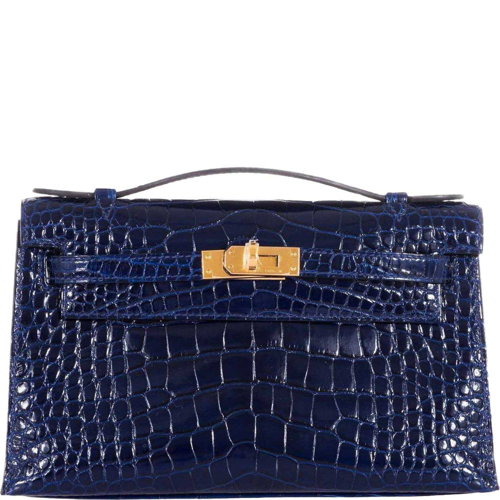 Hermès Kelly Pochette Bleu Saphir Shiny Alligator Gold Hardware