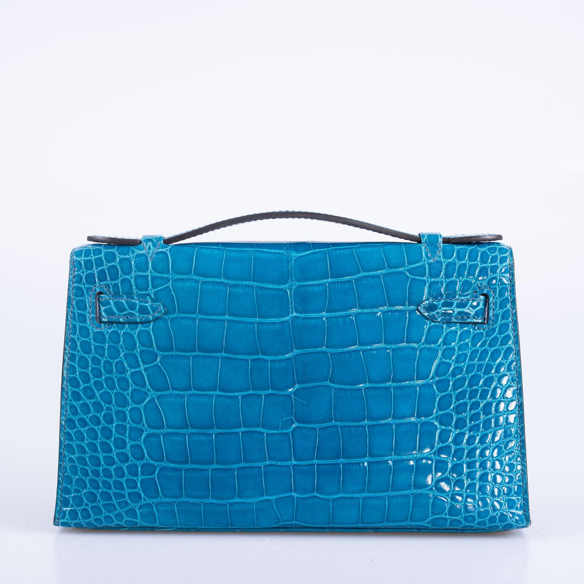 Hermès Kelly Pochette Blue Izmir Shiny Alligator Palladium Hardware
