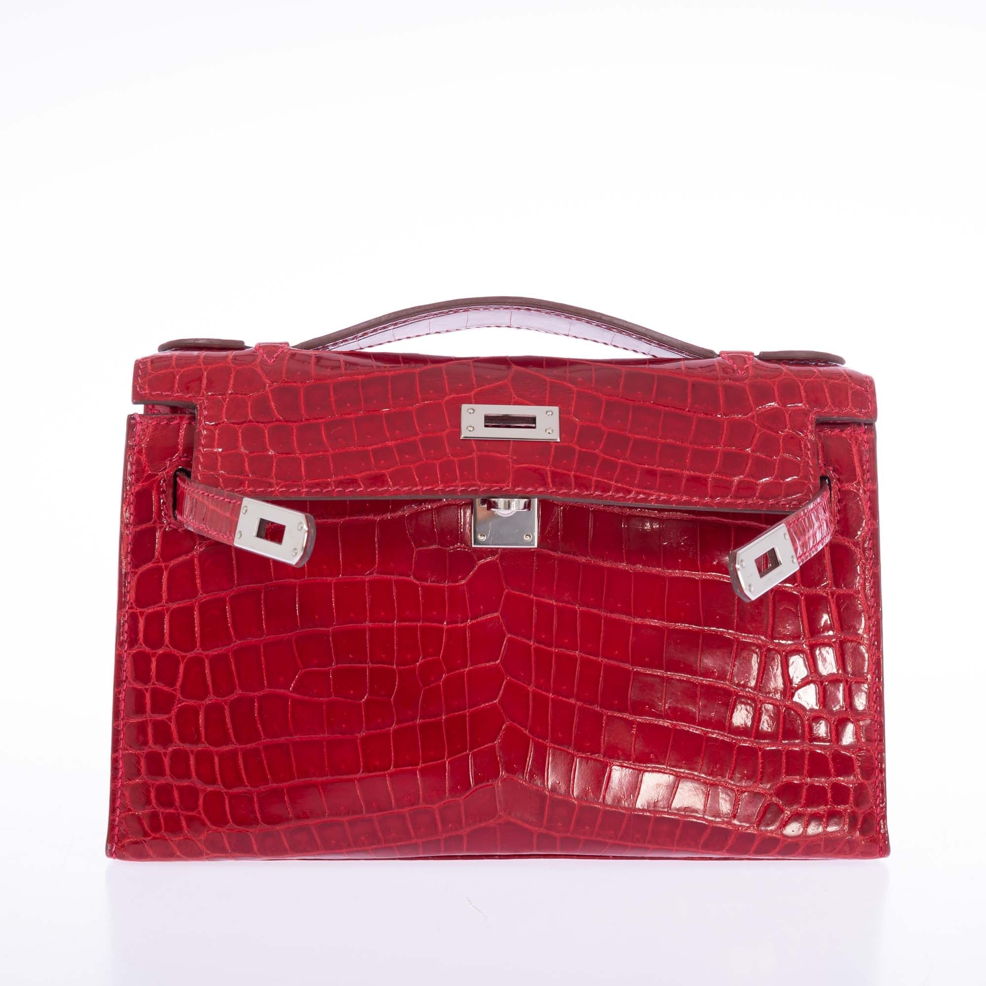 Hermès Kelly Pochette Braise Shiny Nilo Crocodile Palladium Hardware