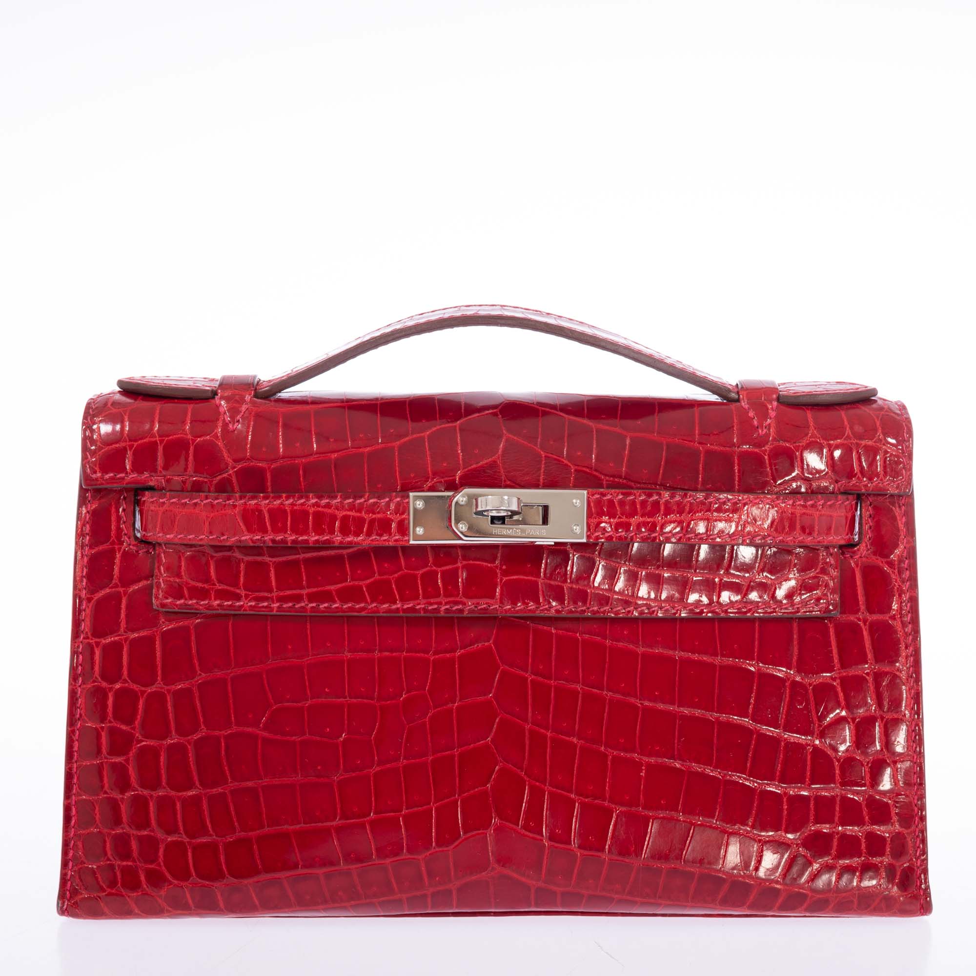 Hermès Kelly Pochette Braise Shiny Nilo Crocodile Palladium Hardware