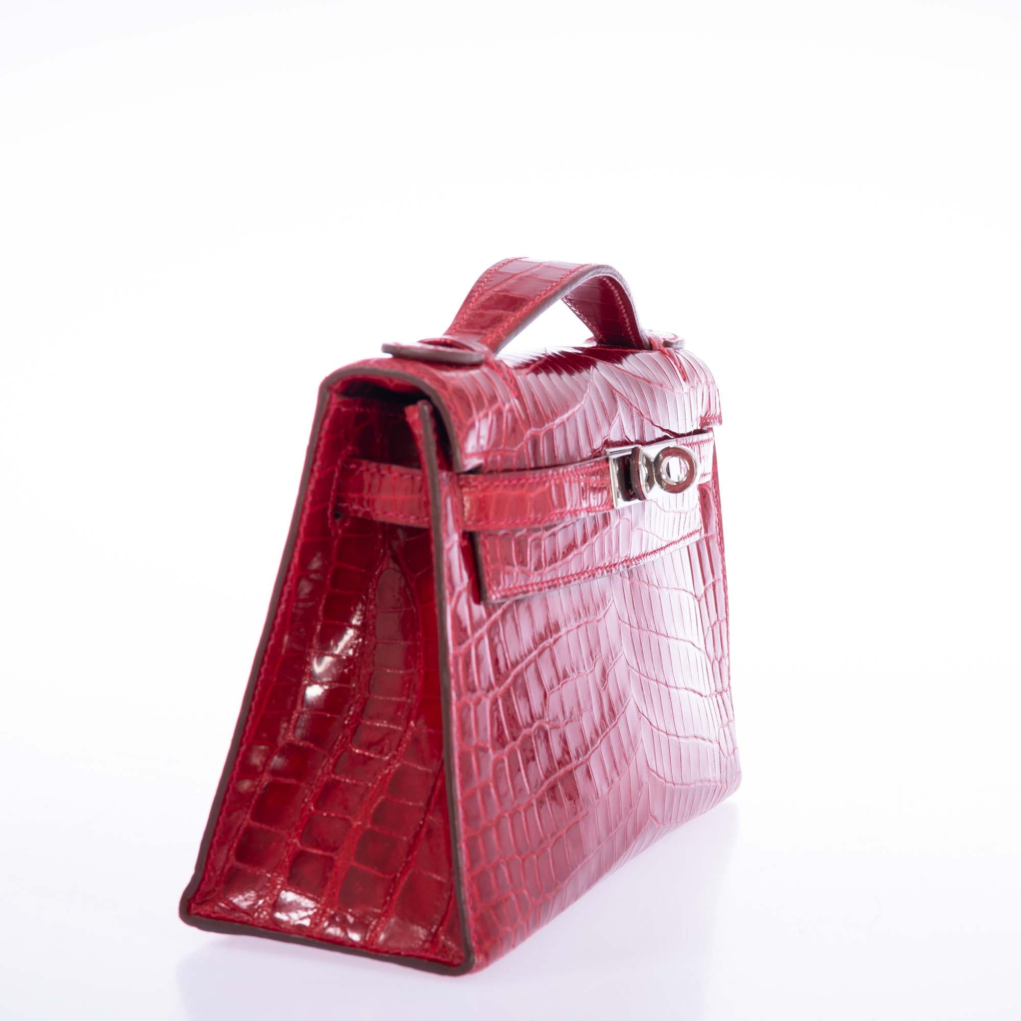 Hermès Kelly Pochette Braise Shiny Nilo Crocodile Palladium Hardware