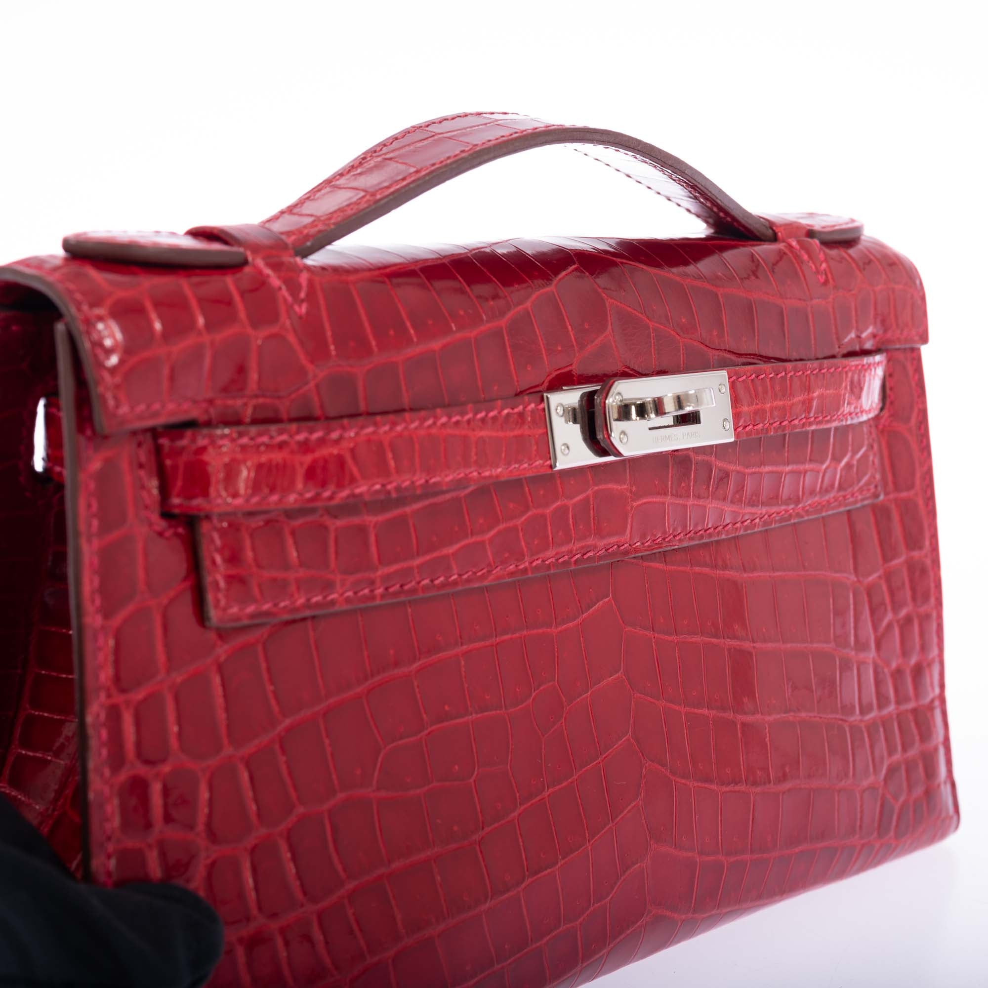 Hermès Kelly Pochette Braise Shiny Nilo Crocodile Palladium Hardware