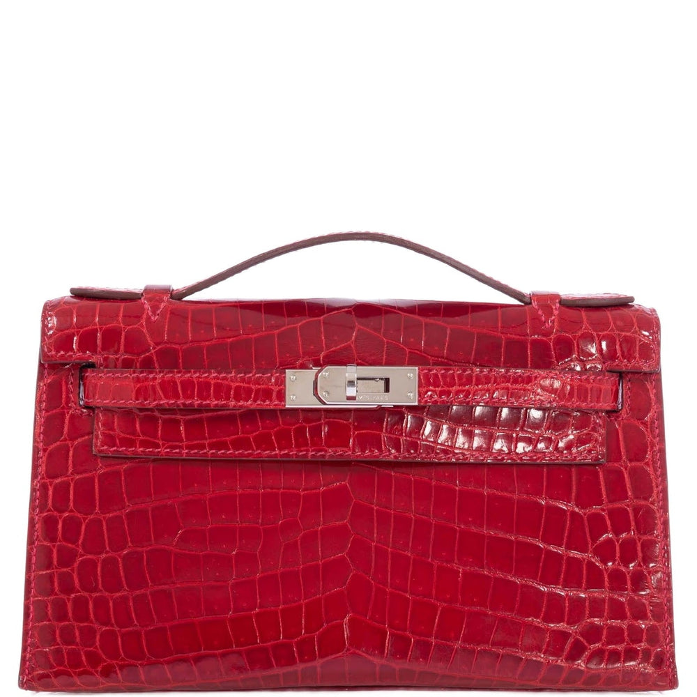 Hermès Kelly Pochette Braise Shiny Nilo Crocodile Palladium Hardware