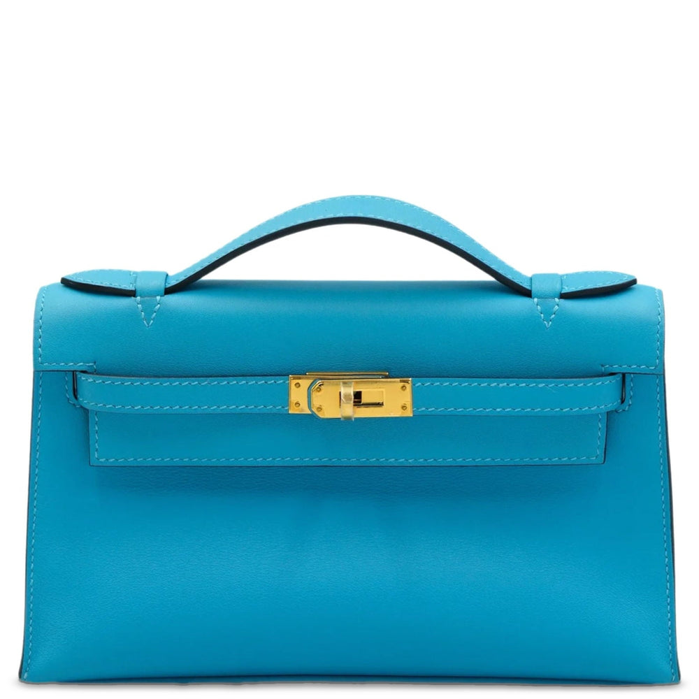 Hermès Kelly Pochette Celeste Swift with Gold Hardware, front view