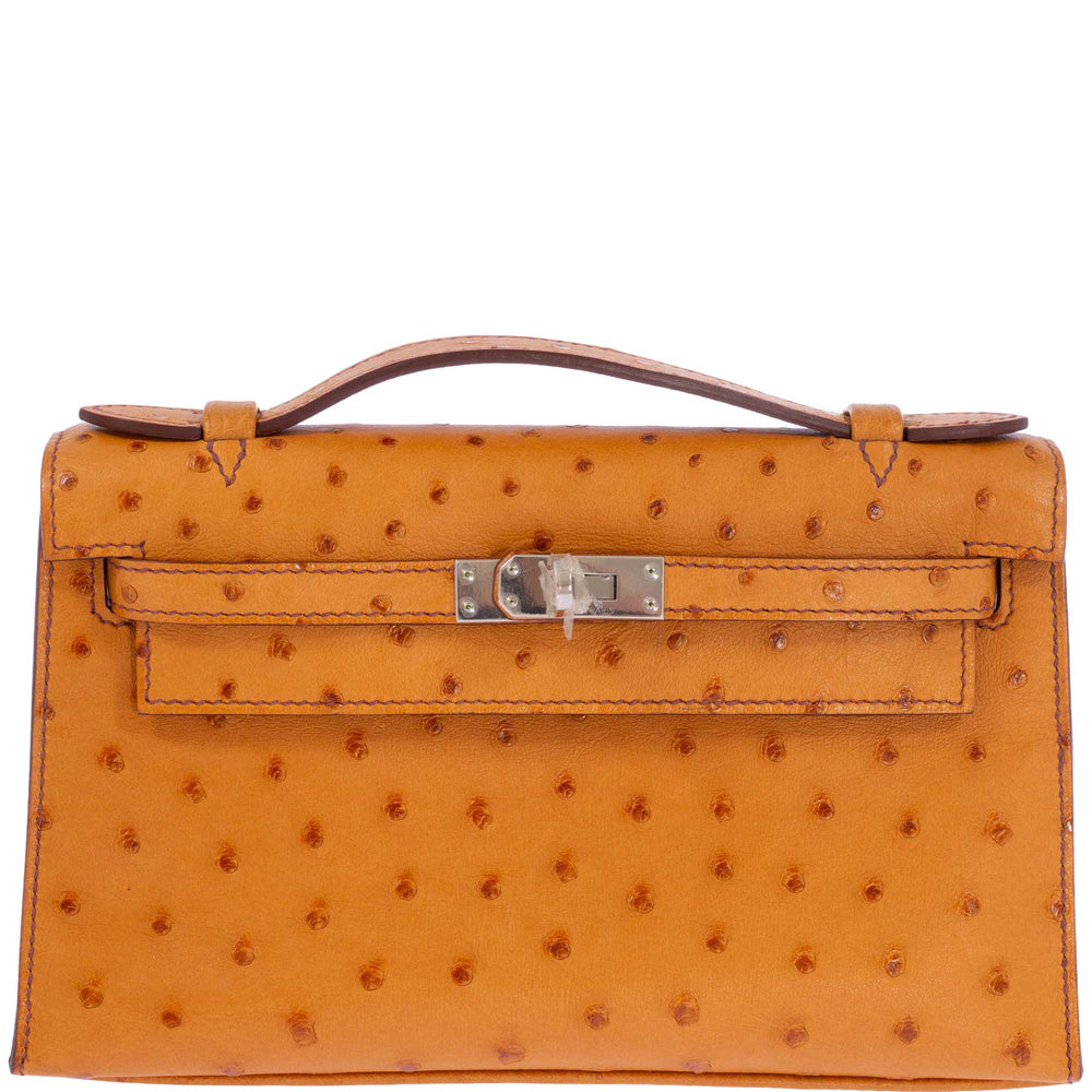 Hermès Kelly Pochette Gold Ostrich Palladium Hardware