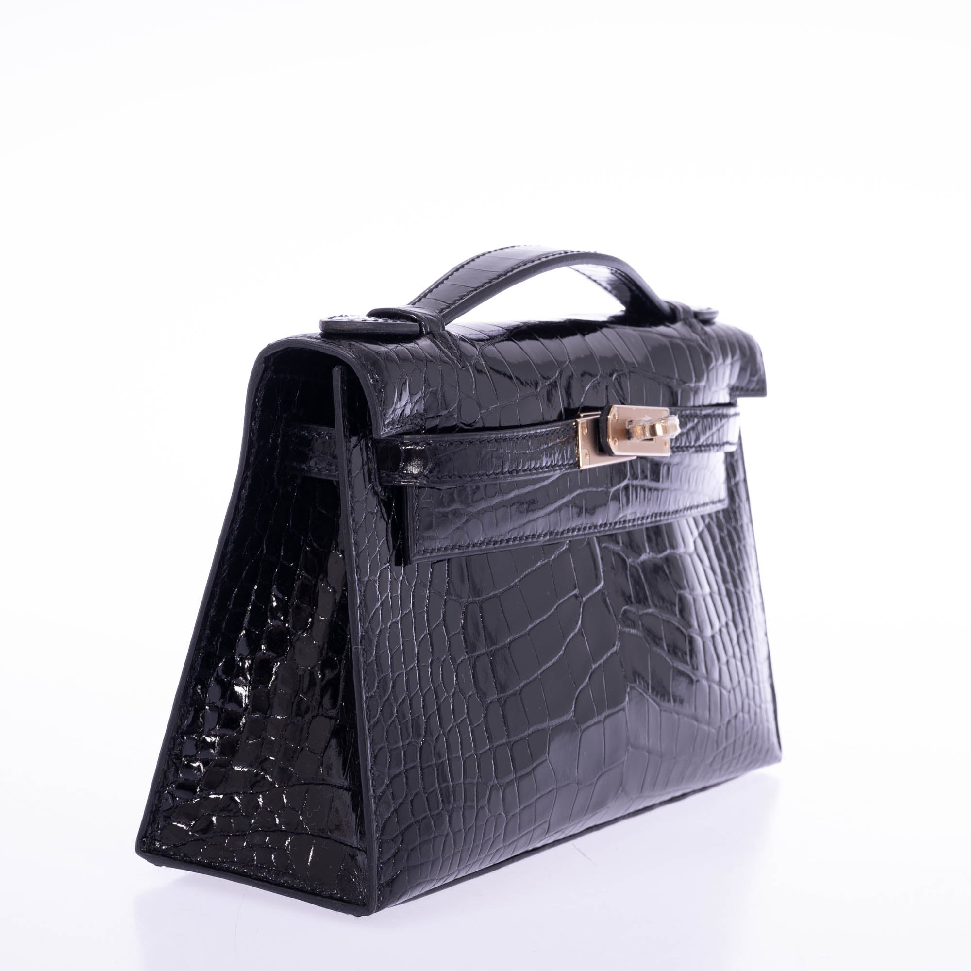 Hermès Kelly Pochette HSS Black Shiny Alligator and Lime Interior Champagne Hardware