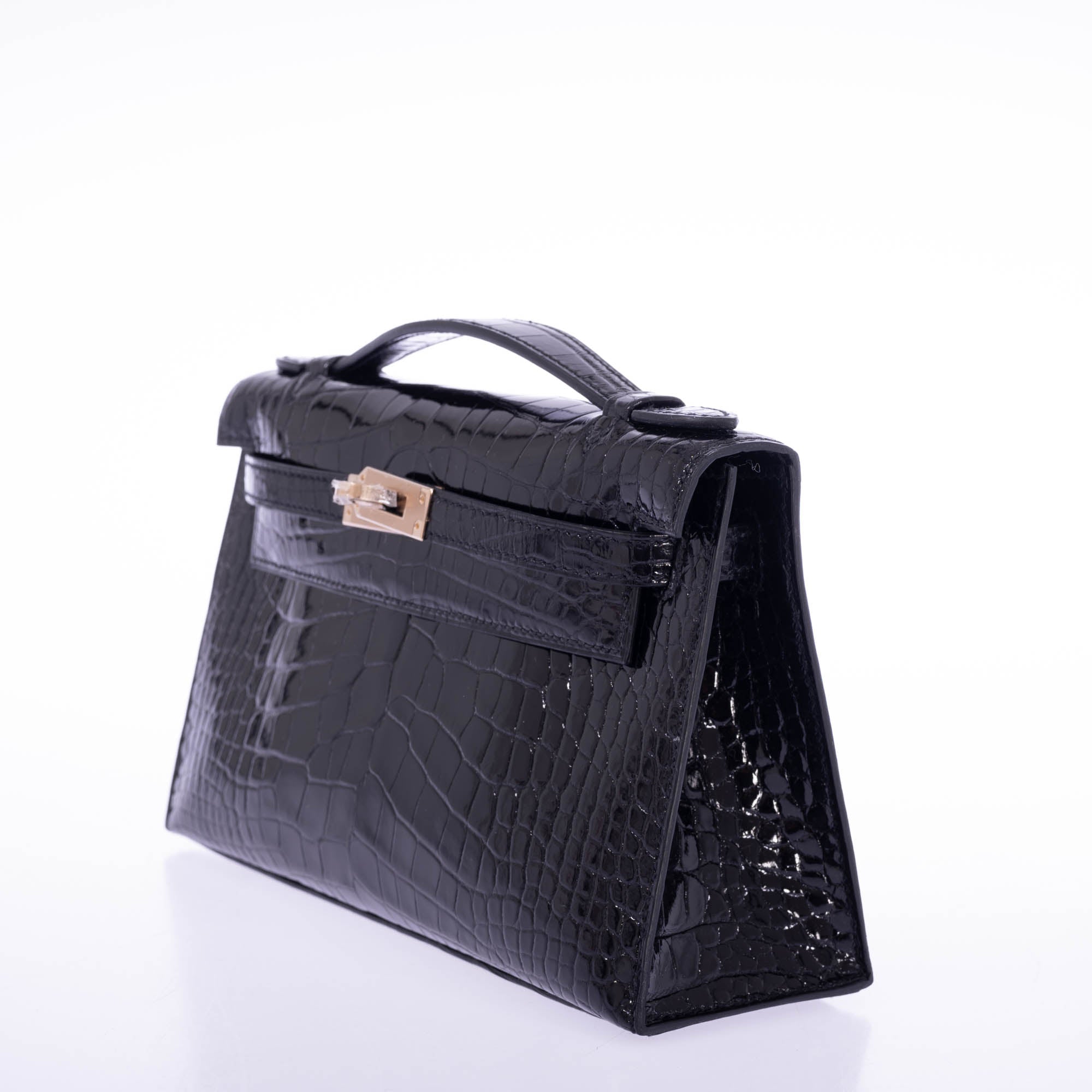 Hermès Kelly Pochette HSS Black Shiny Alligator and Lime Interior Champagne Hardware