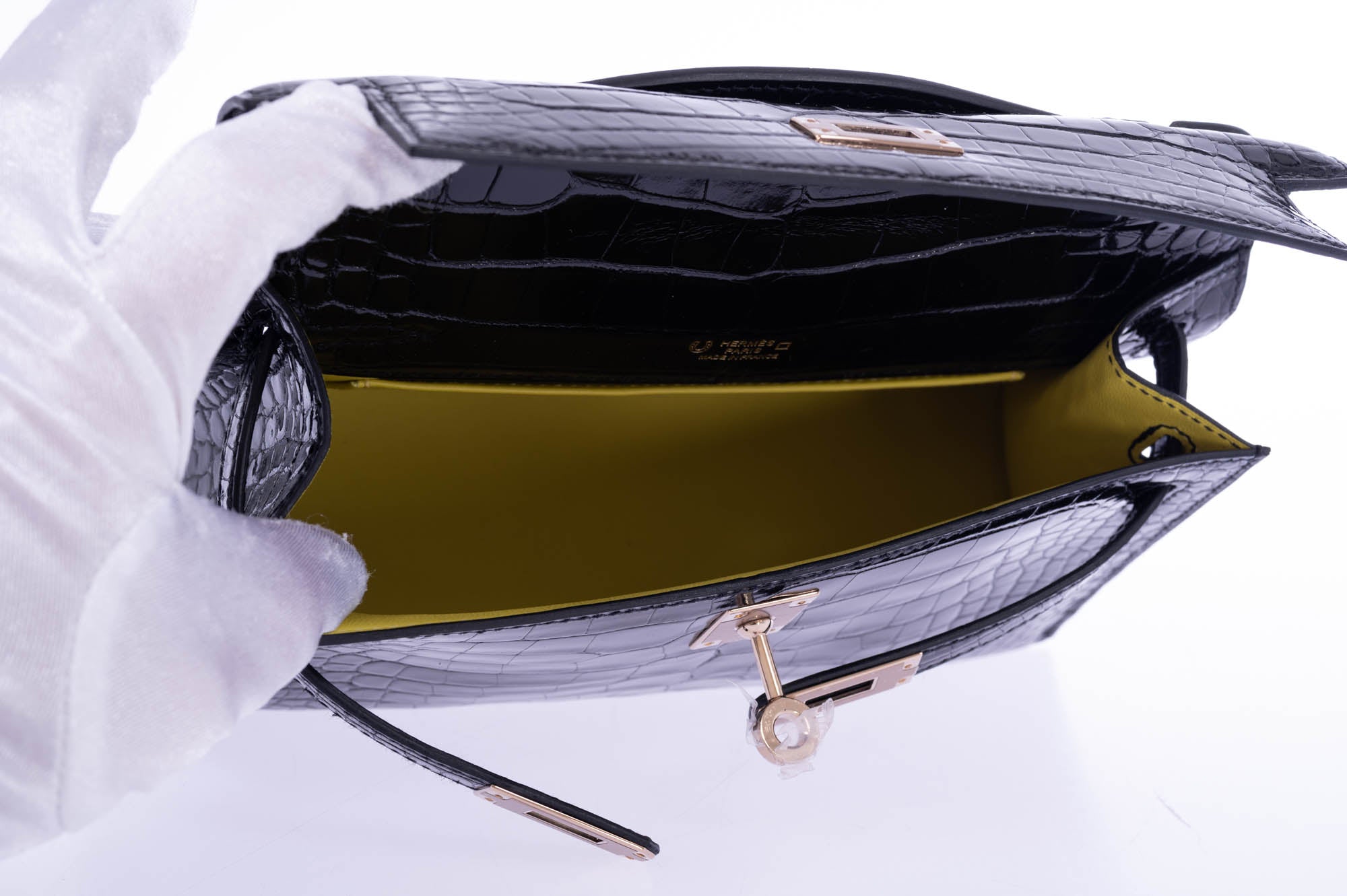 Hermès Kelly Pochette HSS Noir / Lime Interior Shiny Alligator Permabrass Hardware
