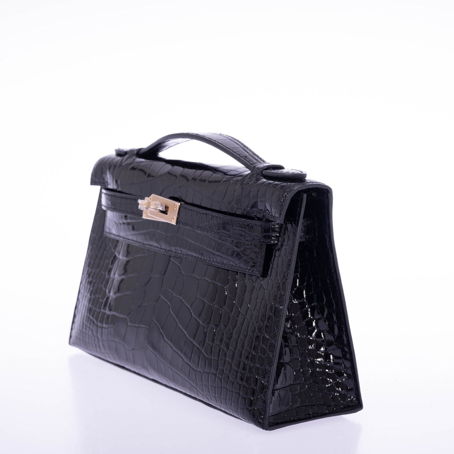 Hermès Kelly Pochette HSS Noir / Lime Interior Shiny Alligator Permabrass Hardware