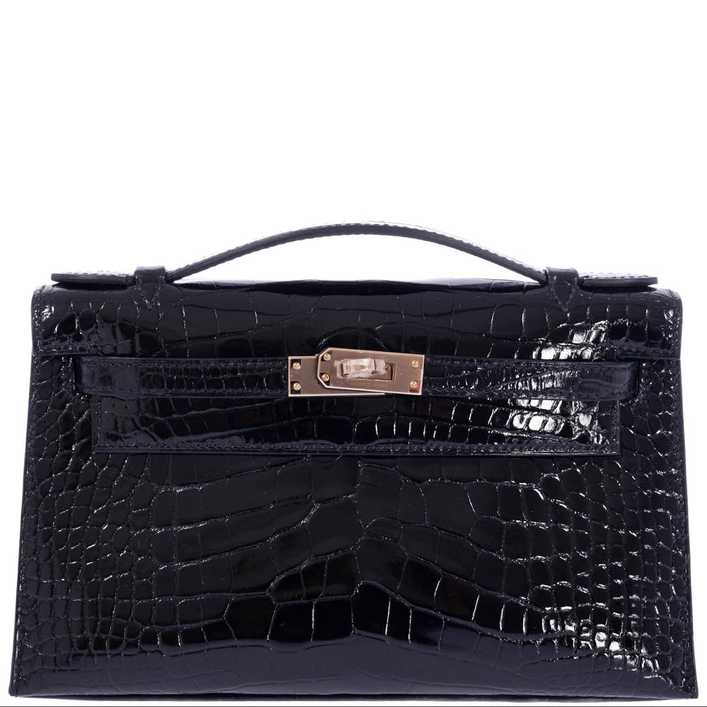Hermès Kelly Pochette HSS Noir / Lime Interior Shiny Alligator Permabrass Hardware
