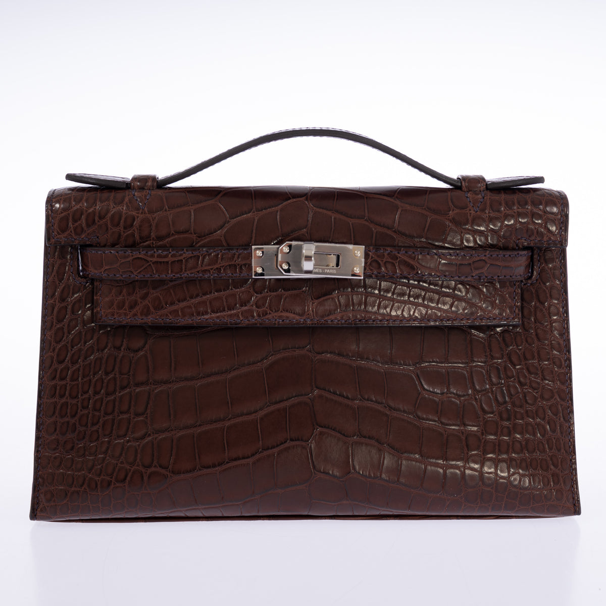 Hermès Kelly Pochette in Havane matte alligator with palladium hardware, front view.
