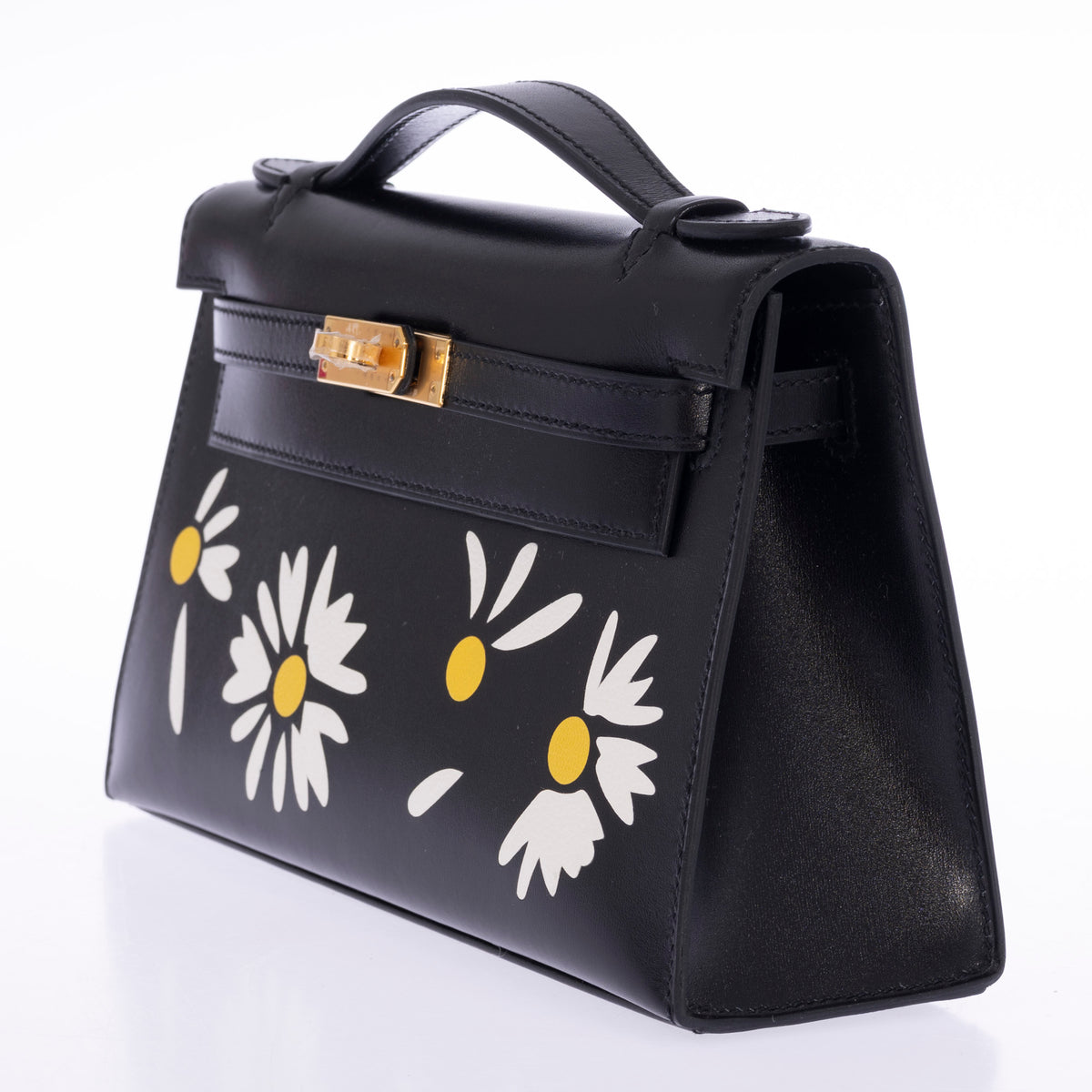 Hermès Kelly Pochette Marqueterie Marguerite Noir Box Gold Hardware, three-quarter view from the right