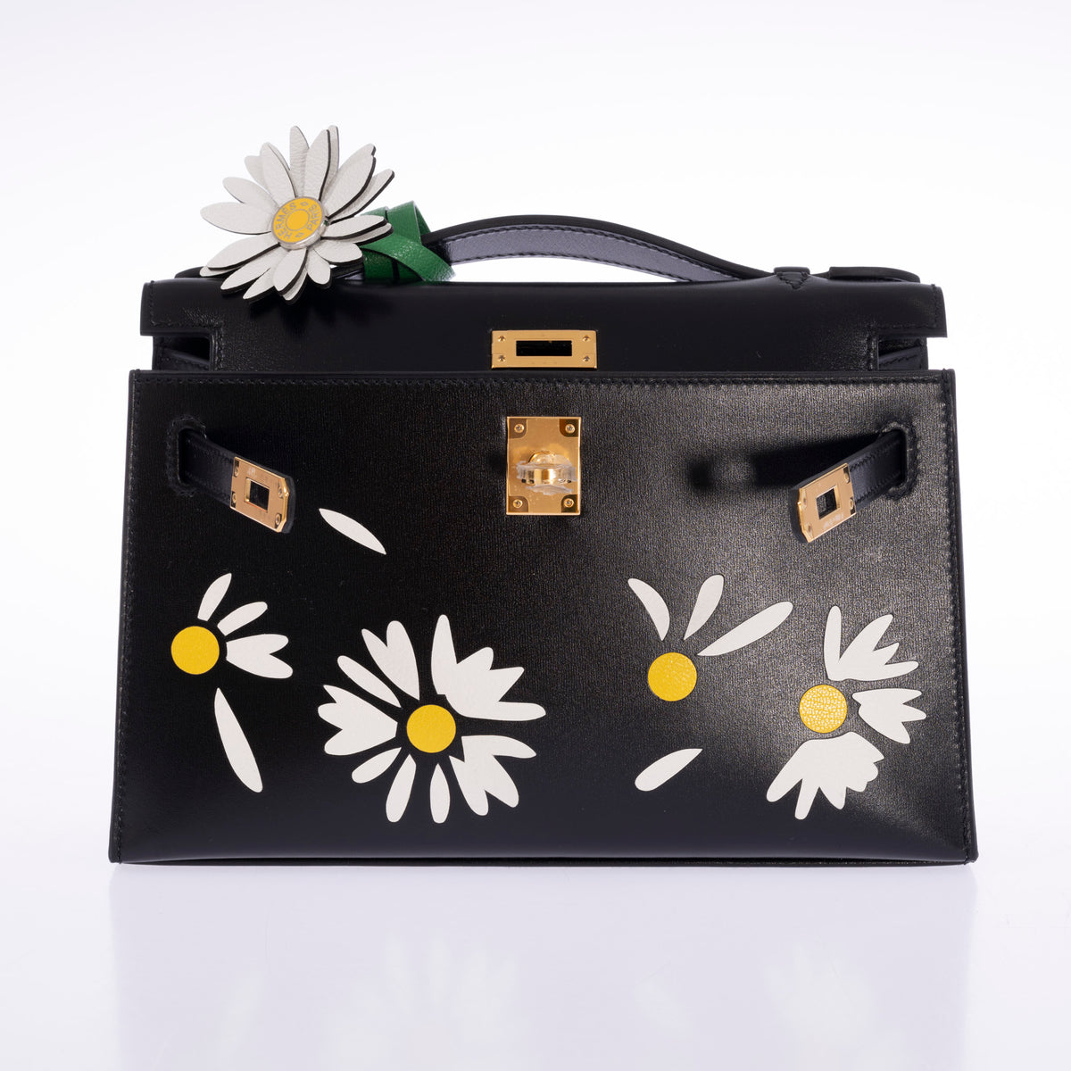 Hermès Kelly Pochette Marqueterie Marguerite Noir Box Gold Hardware, front view with a marguerite charm, charm sold separately