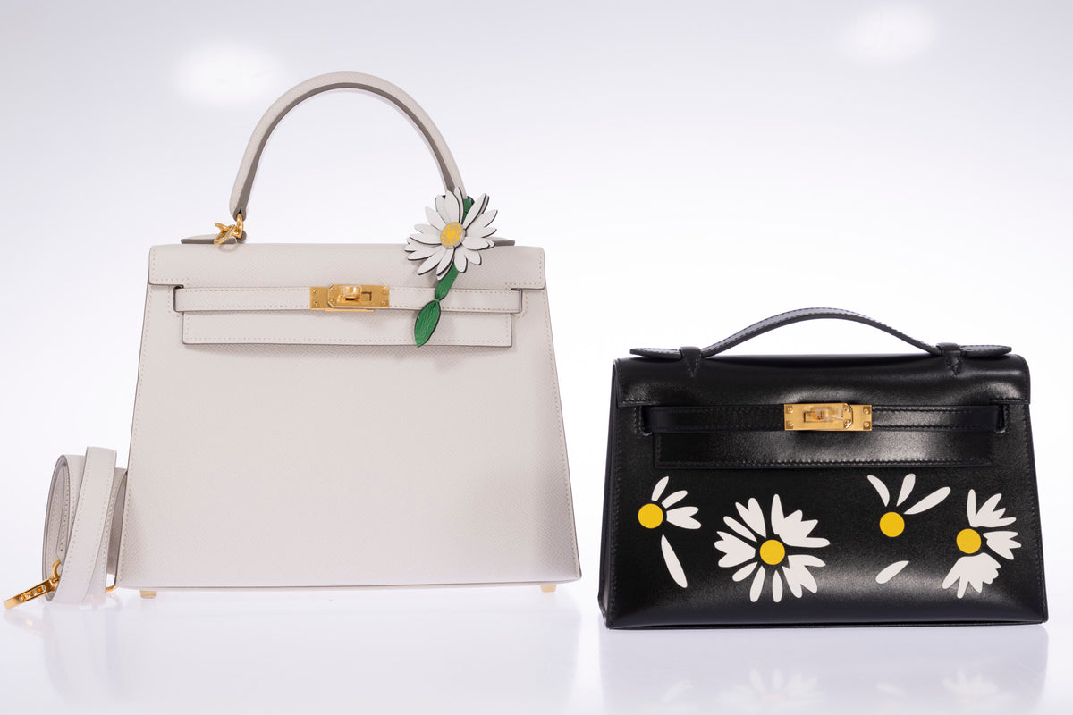 Hermès Kelly Pochette Marqueterie Marguerite Noir Box Gold Hardware, shown alongside a Kelly Sellier, other bag sold separately