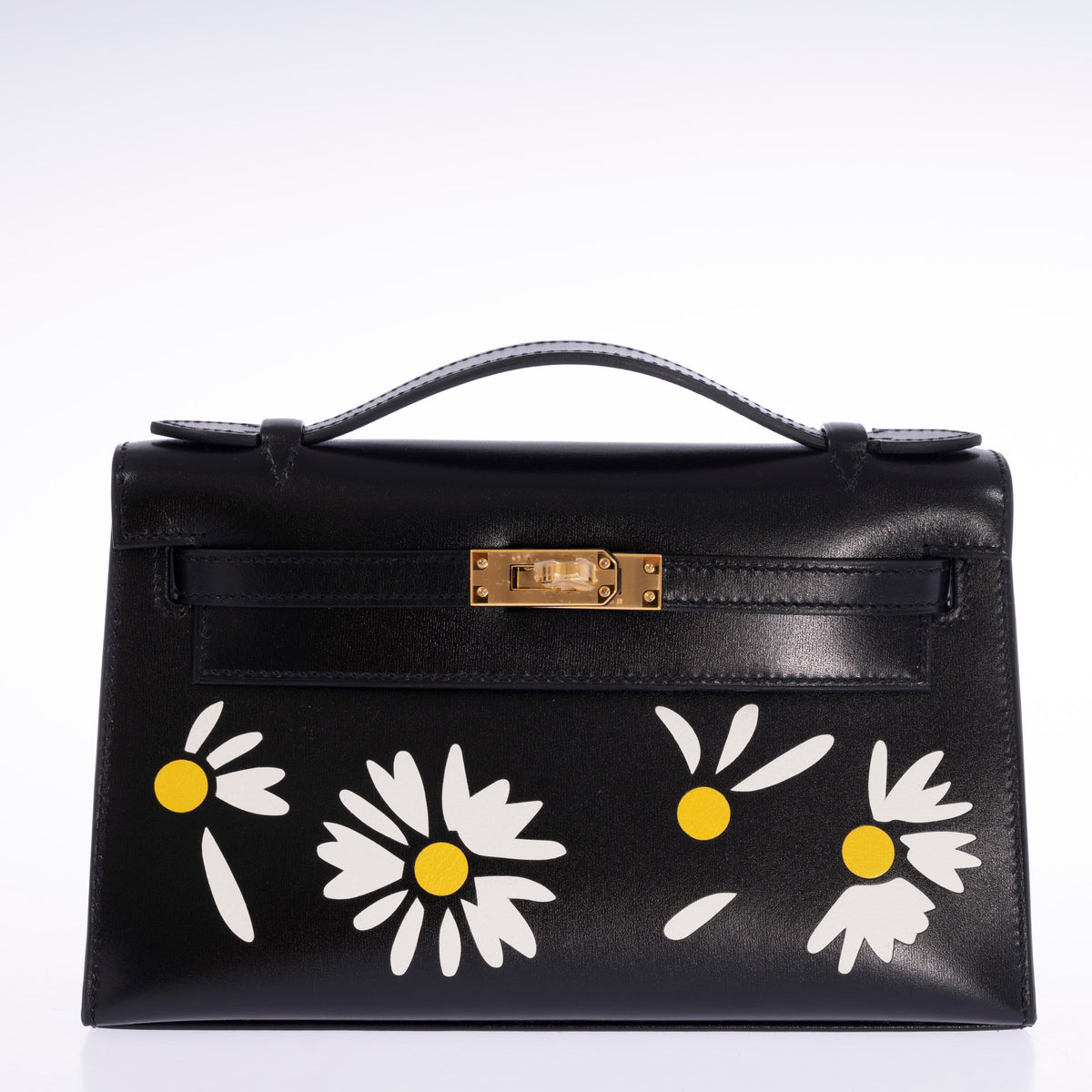 Hermès Kelly Pochette Marqueterie Marguerite Noir Box Gold Hardware, front view, closed