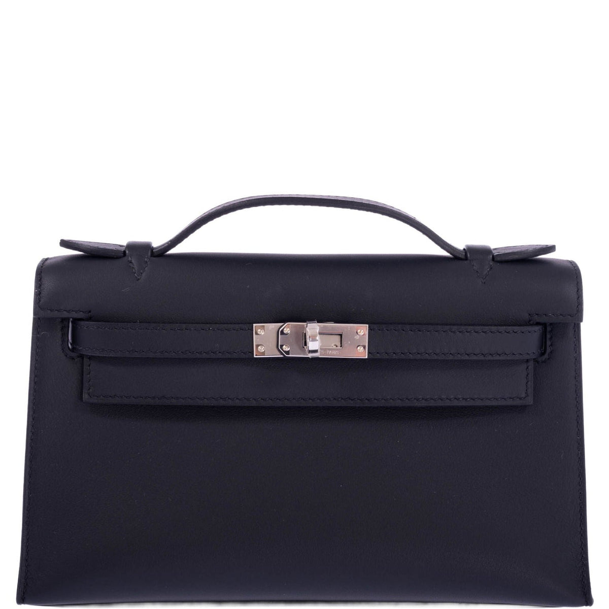 Hermès Kelly Pochette Noir Swift Palladium Hardware, front view, closed