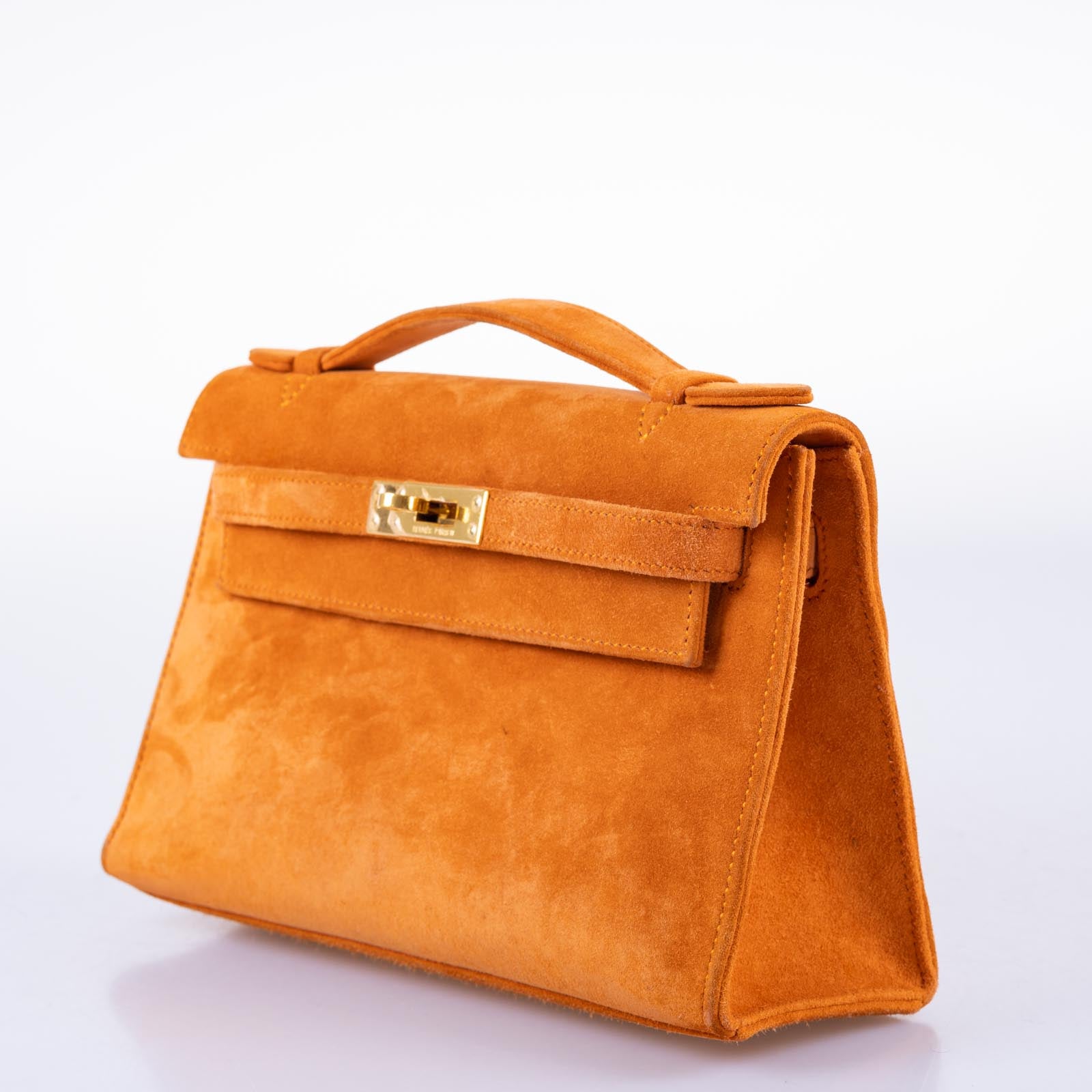 Hermès Kelly Pochette Orange H Veau Doblis Suede with Gold Hardware